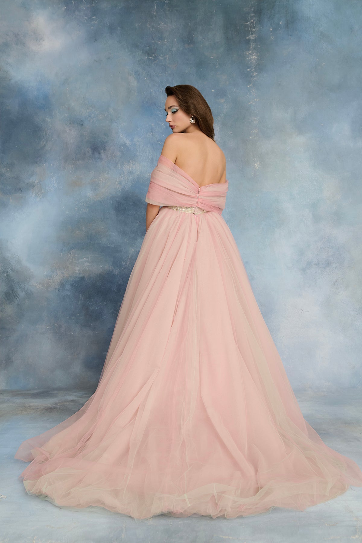 Nour Fathallah N0734 - Blush Off-Shoulder Gown with Beaded Embroidery