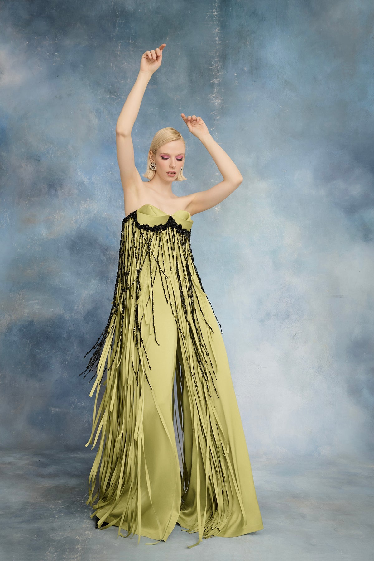 Nour Fathallah N0736 - Strapless Crepe Satin Jumpsuit with Beaded Fringe