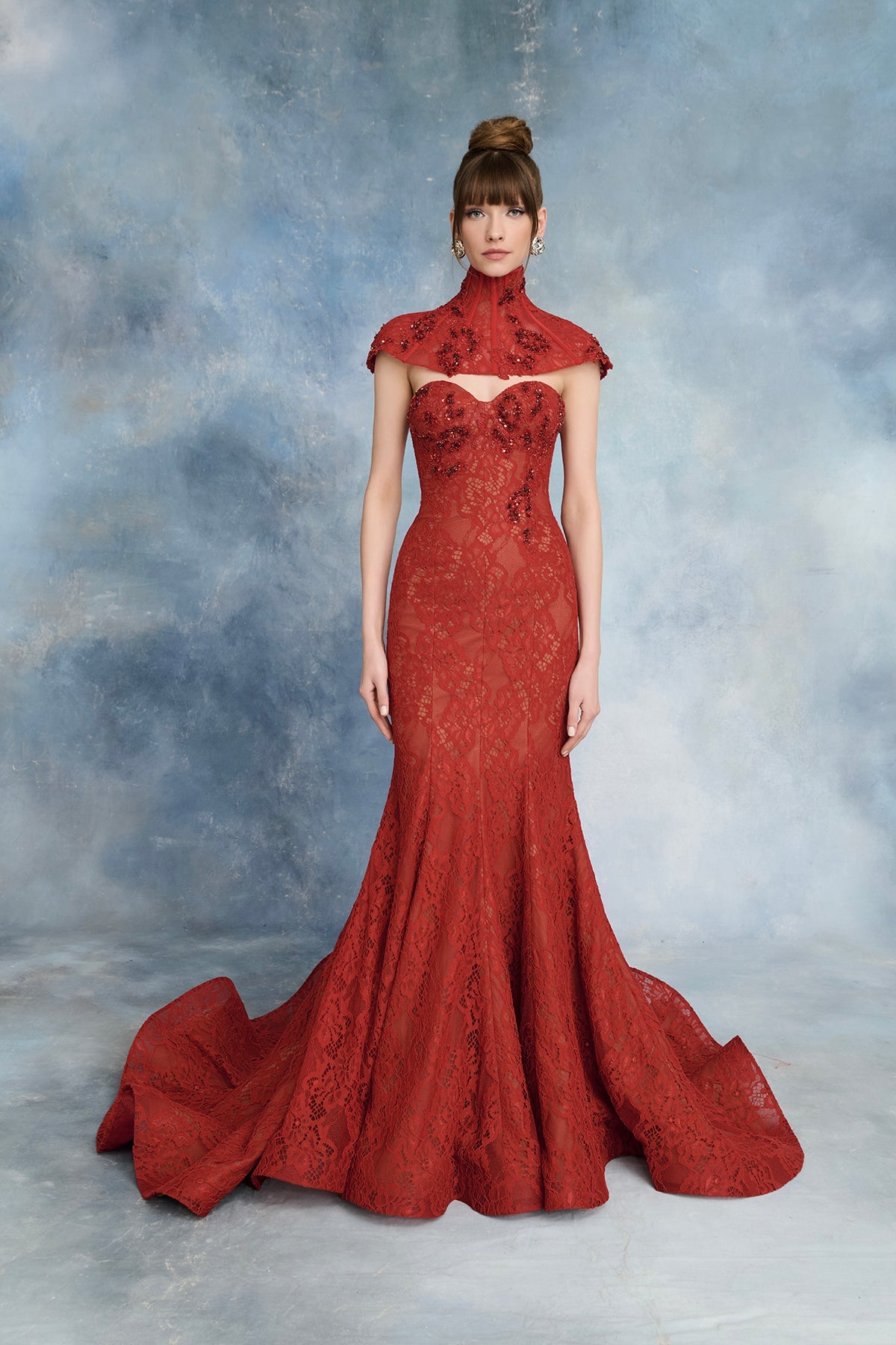 Nour Fathallah N0738 - Crimson Lace Evening Gown with Beaded Bolero