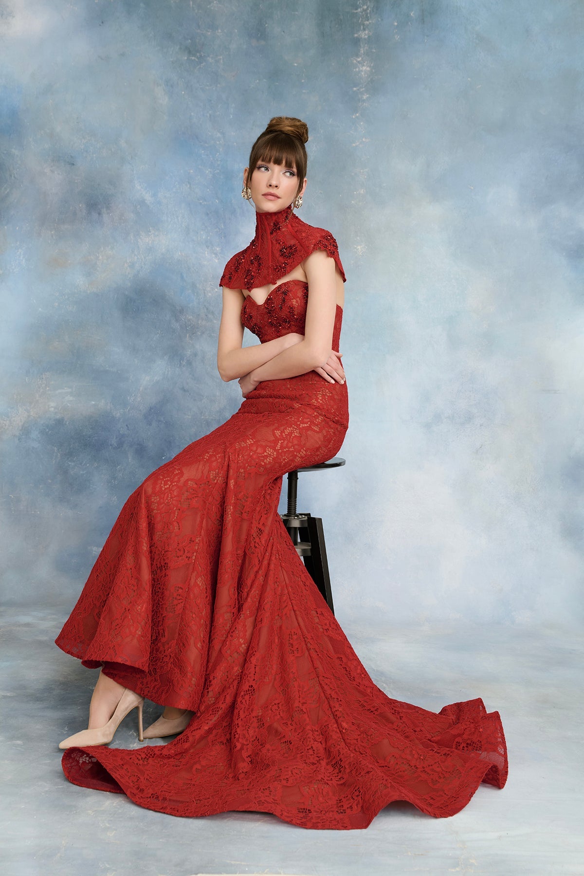 Nour Fathallah N0738 - Crimson Lace Evening Gown with Beaded Bolero