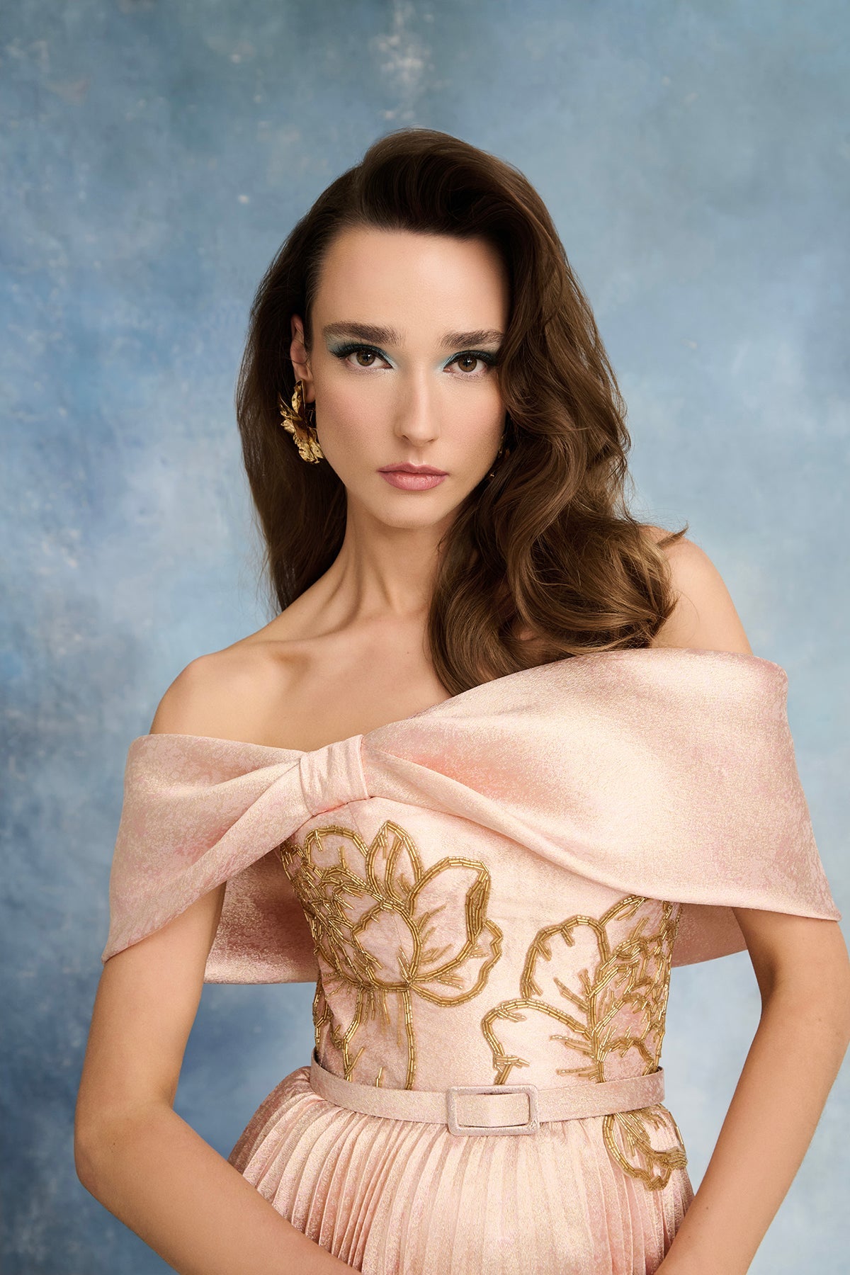 Nour Fathallah N0739 - Soft Blush Off-Shoulder Jacquard Dress