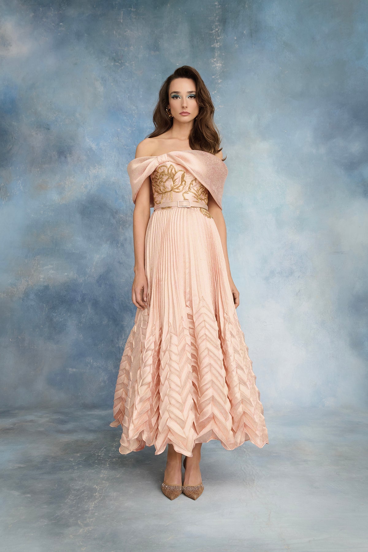 Nour Fathallah N0739 - Soft Blush Off-Shoulder Jacquard Dress