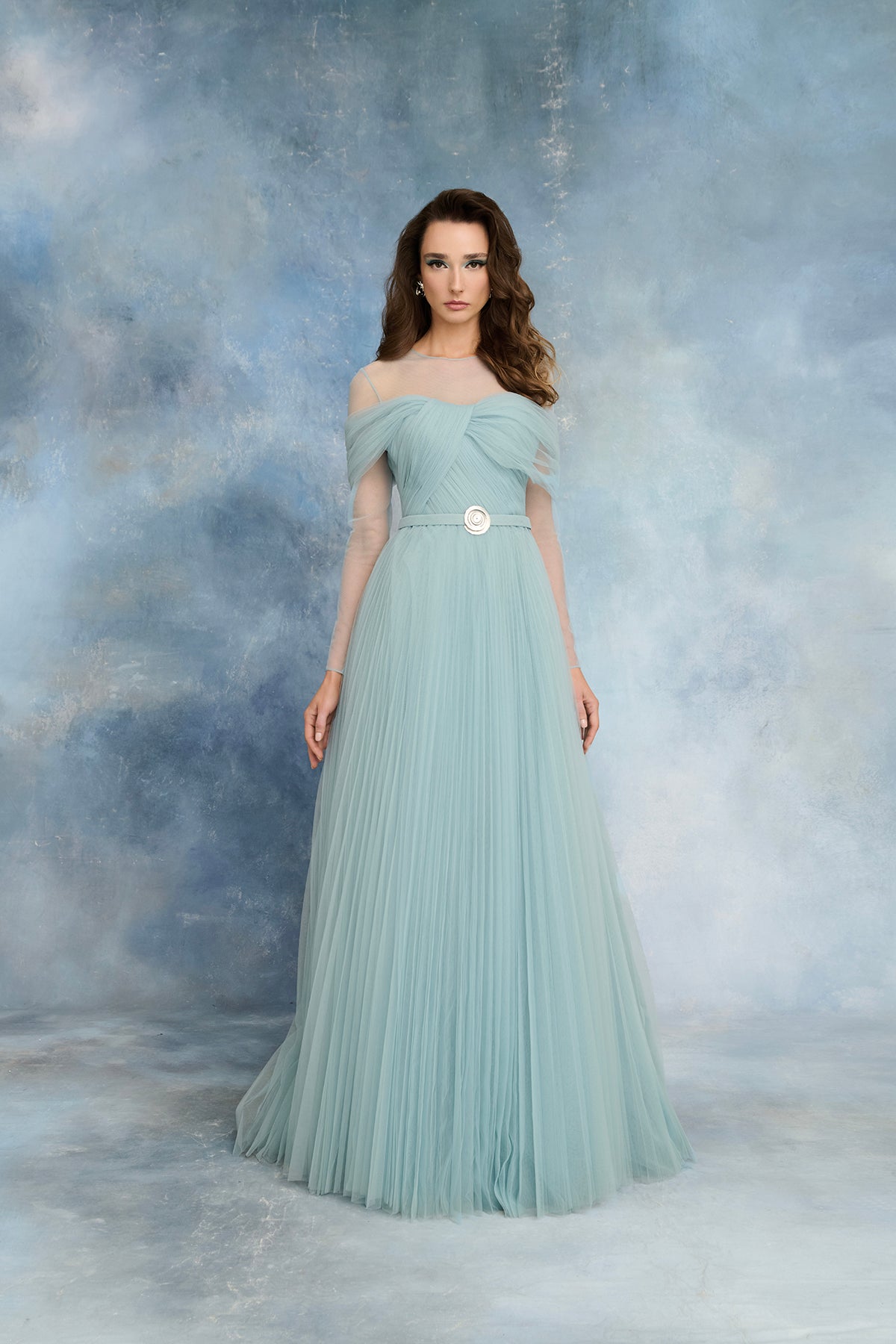 Nour Fathallah N0740 - Ethereal Sage Tulle Gown with Sheer Sleeves