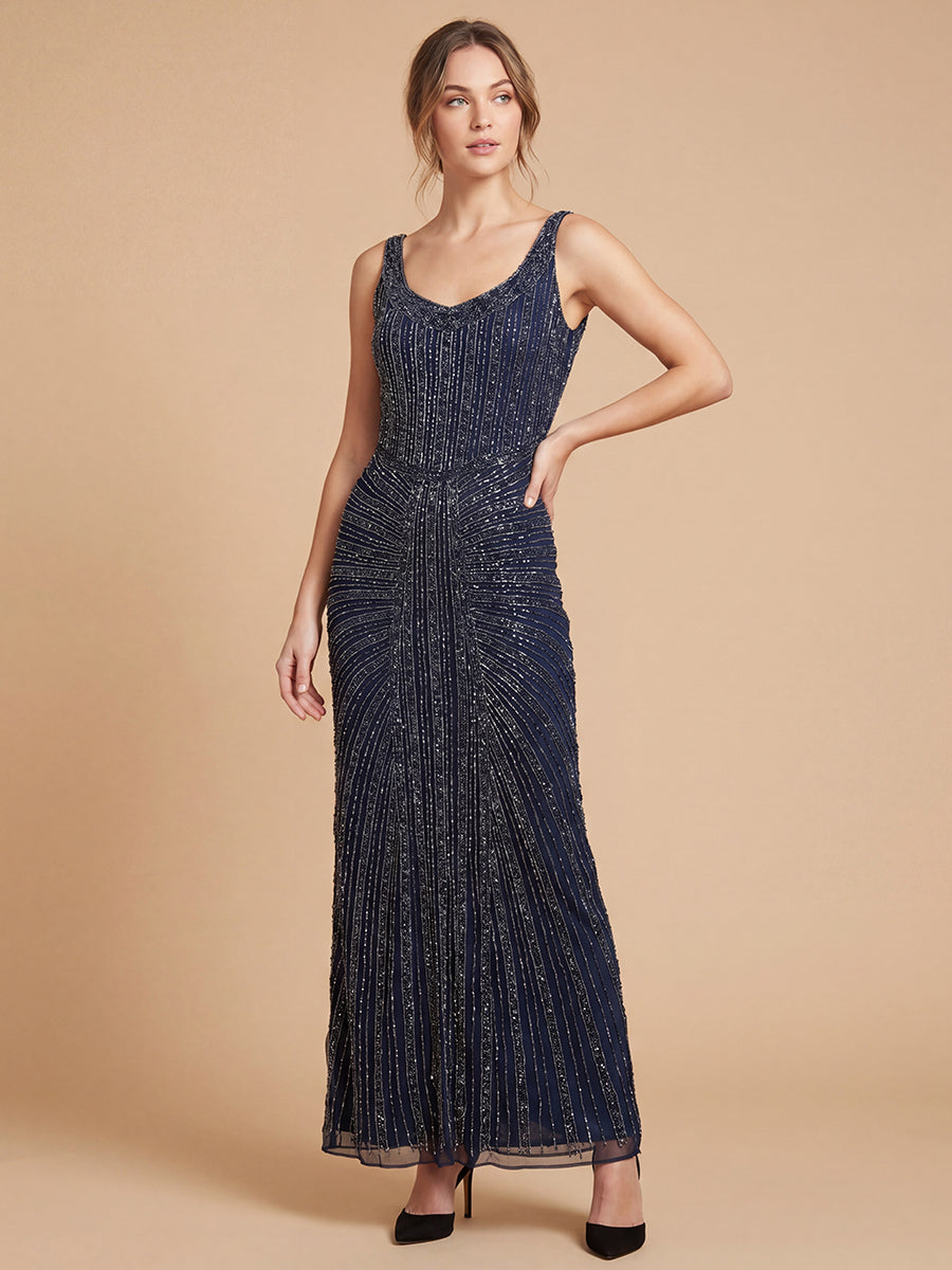 Beaded Subtle V-Neck Gown | Lara 9920
