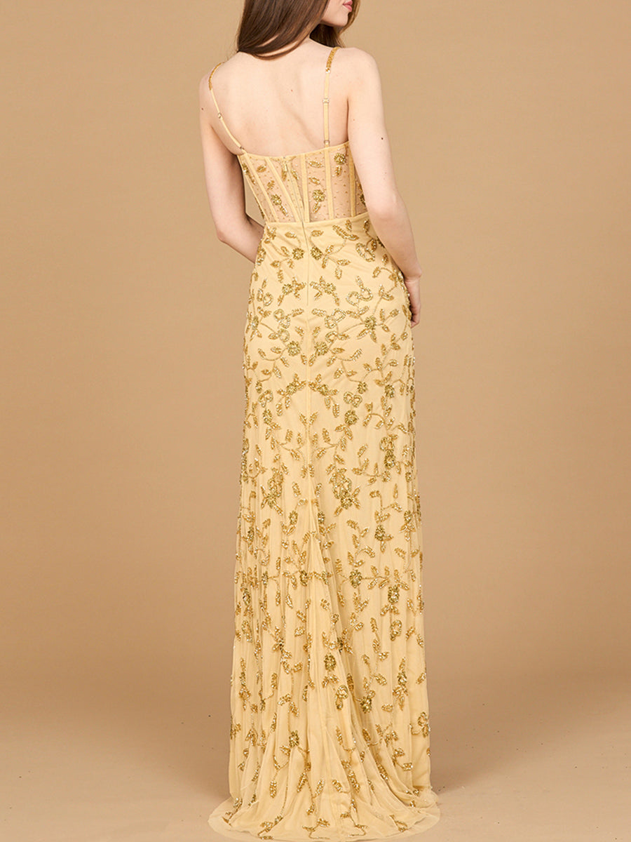 Beaded Corset Gown with Slit 9924