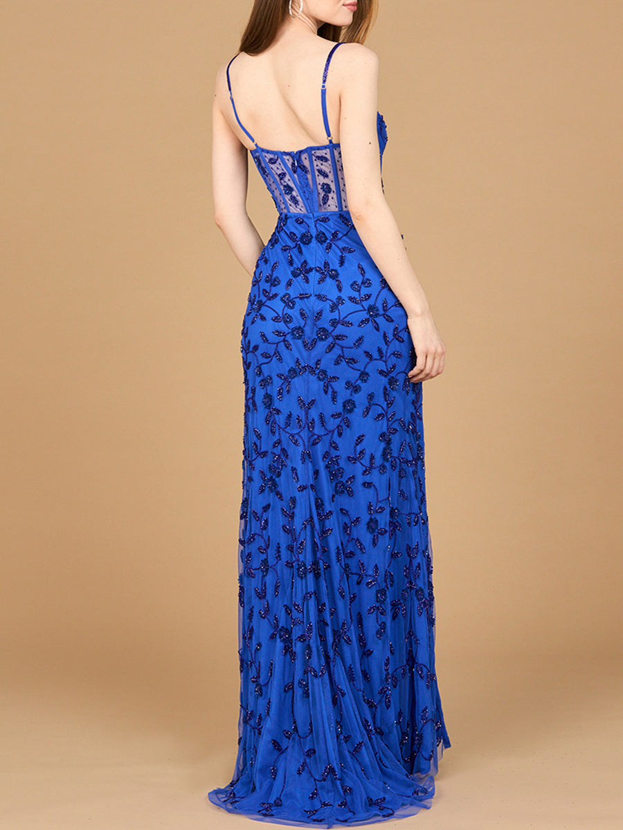 Beaded Corset Gown with Slit 9924