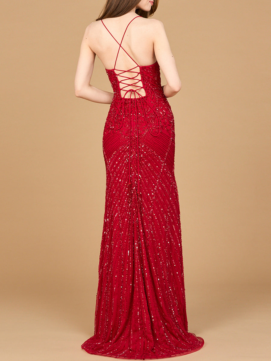 Lace Up Open Back Beaded Dress 9929