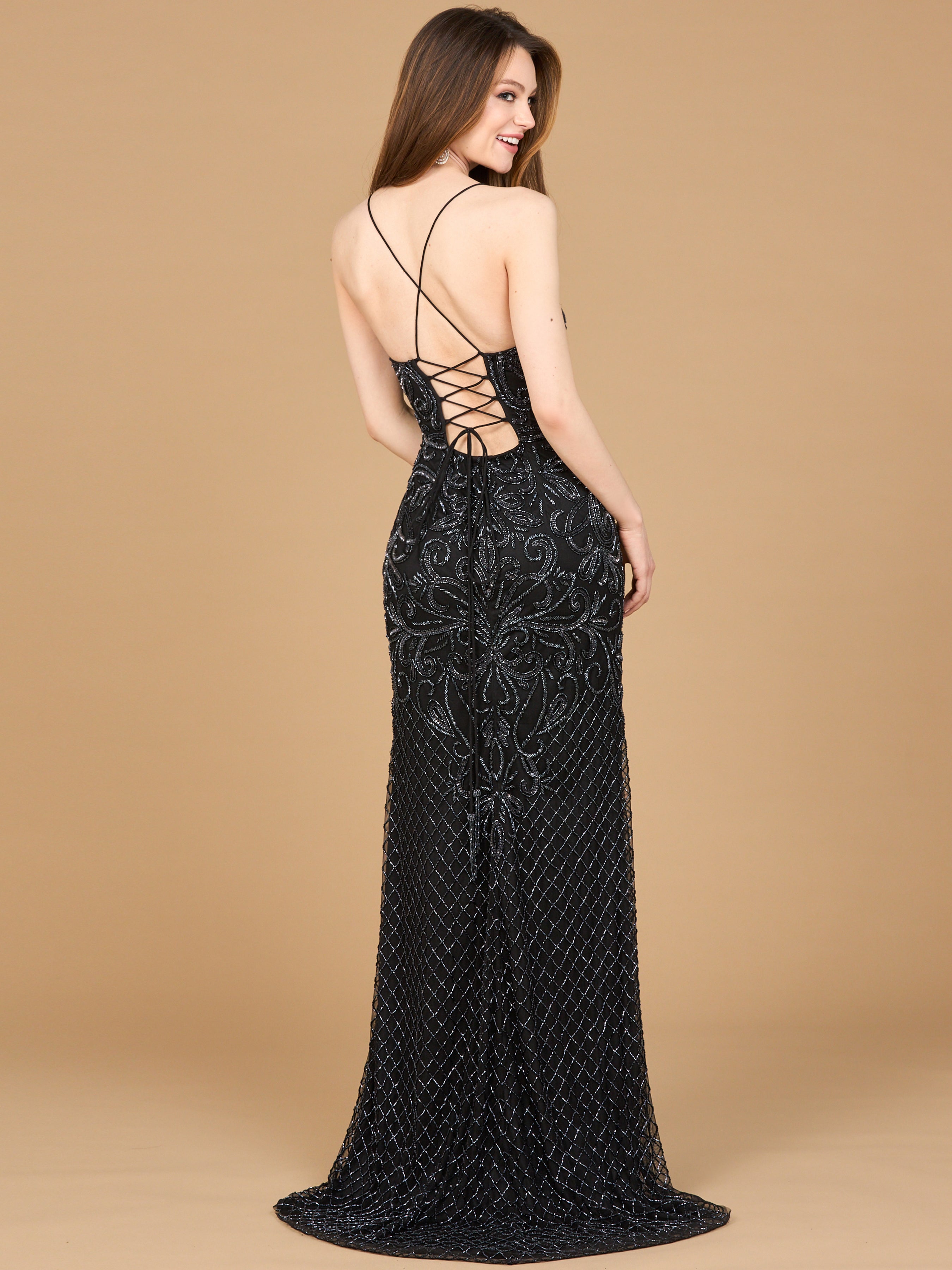 Lace Up Open Back Beaded Dress 9930
