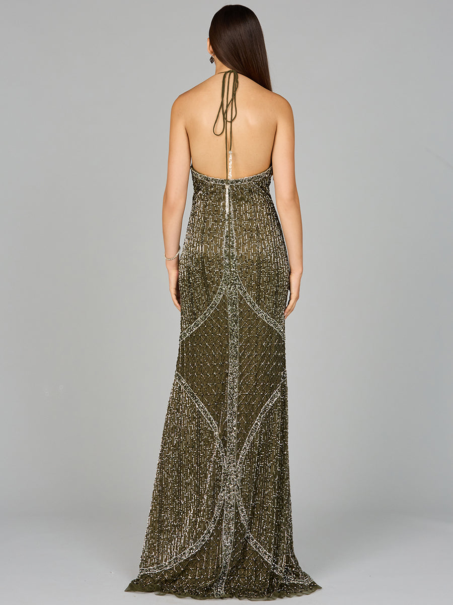 Symmetrical Halter Neck Beaded Gown - OUTLET 9945
