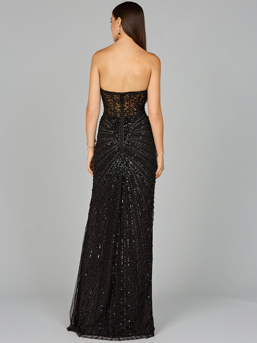 Embellished Strapless Gown with Slit 9953