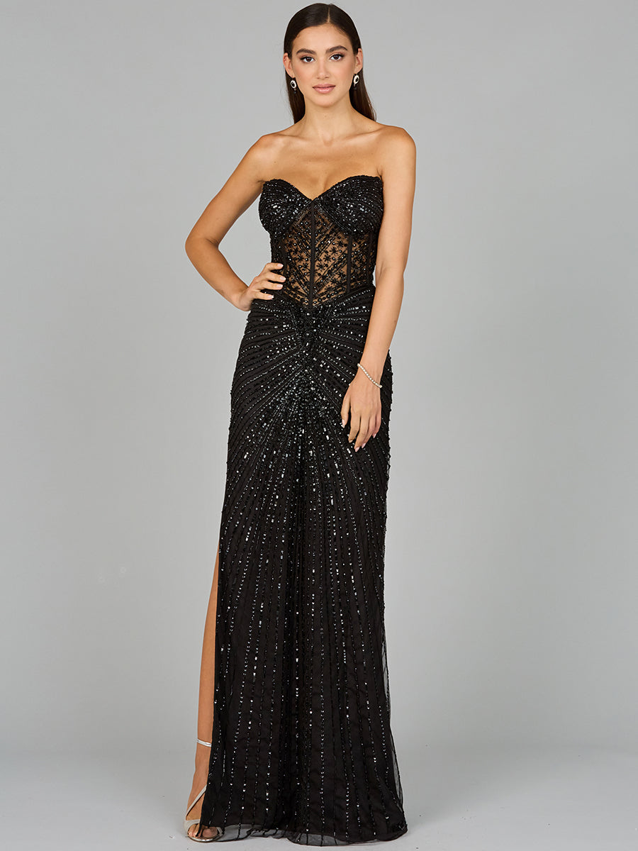 Embellished Strapless Gown with Slit 9953