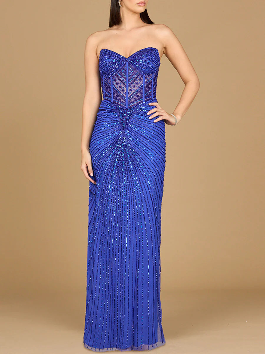 Embellished Strapless Gown with Slit 9953