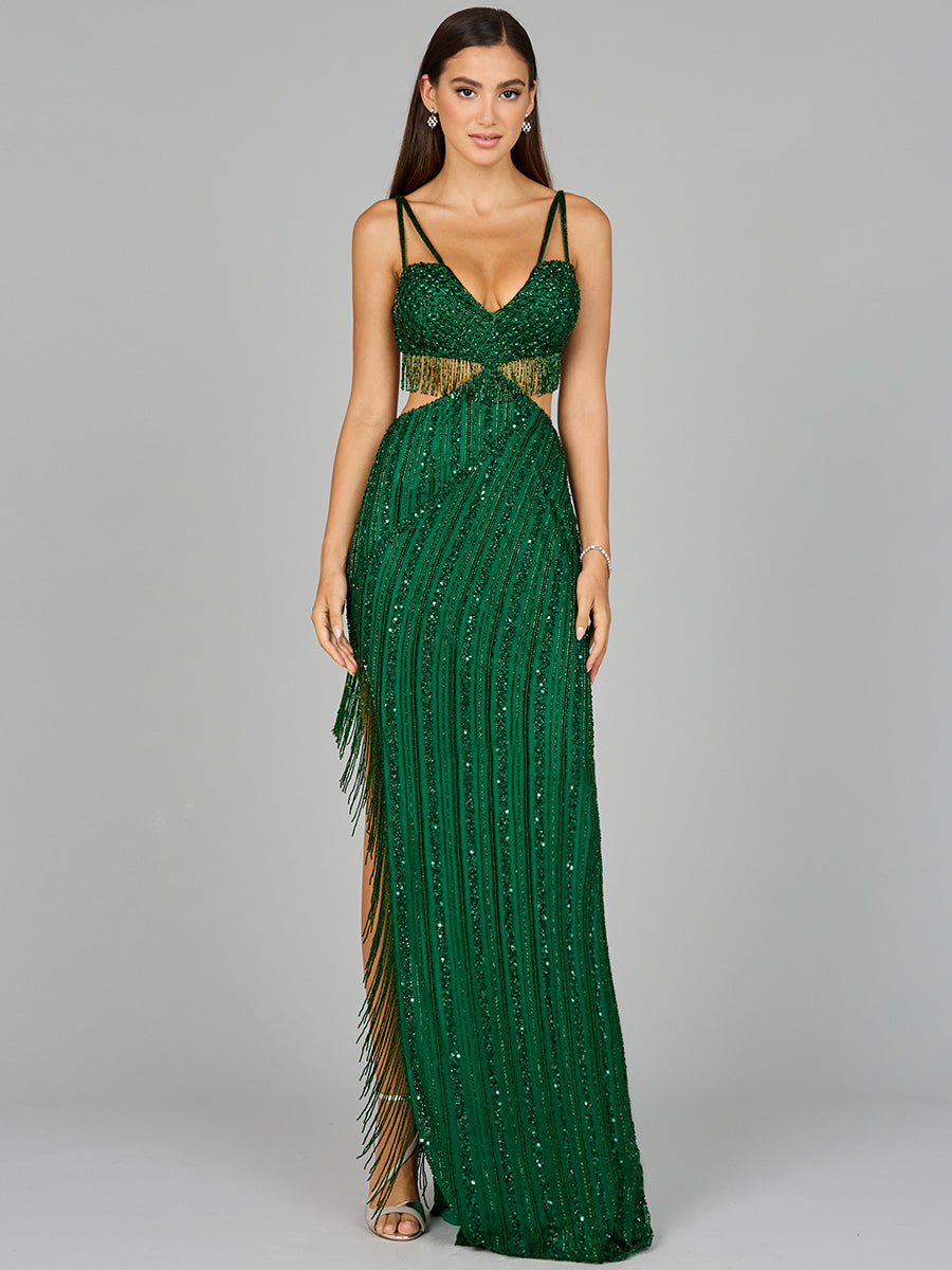 Cutout Beaded Gown with Fringes 9957