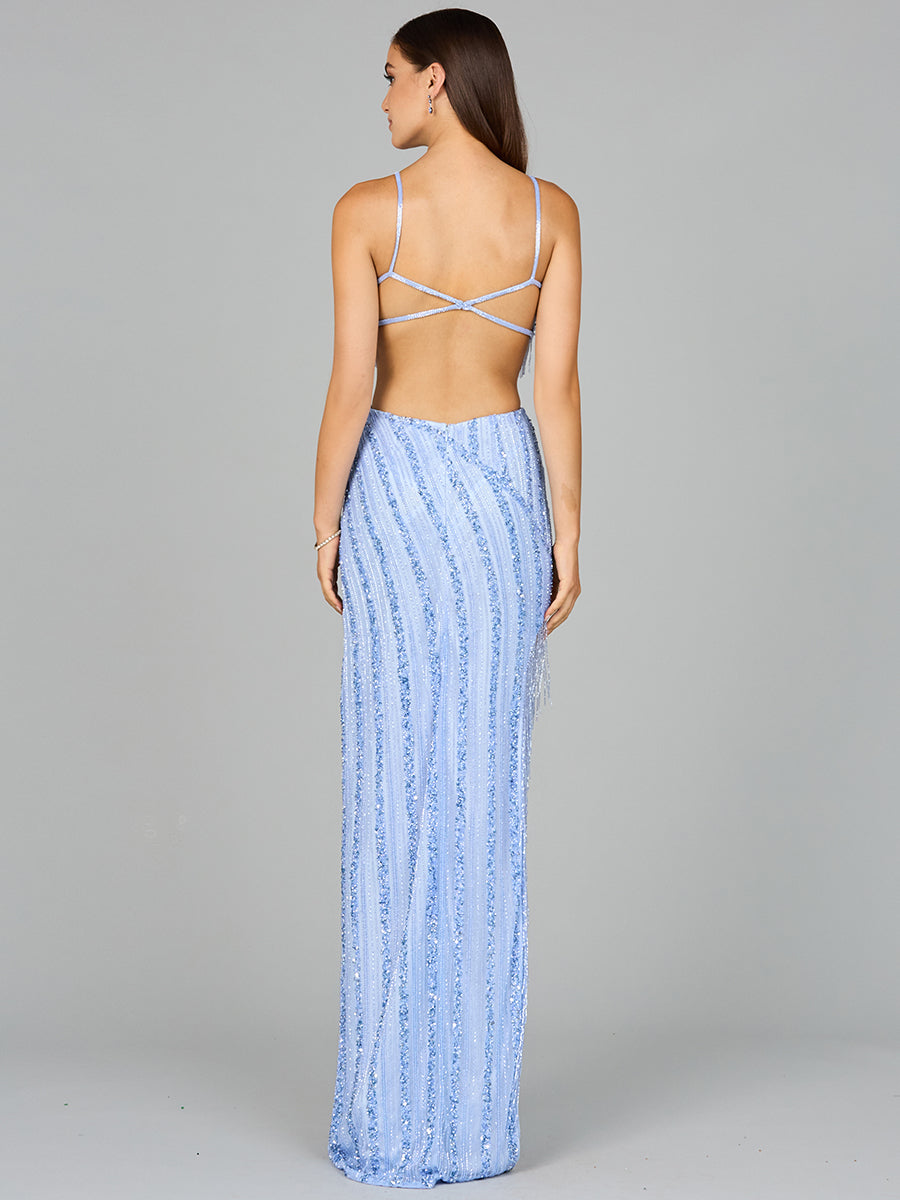 Cutout Beaded Gown with Fringes 9957