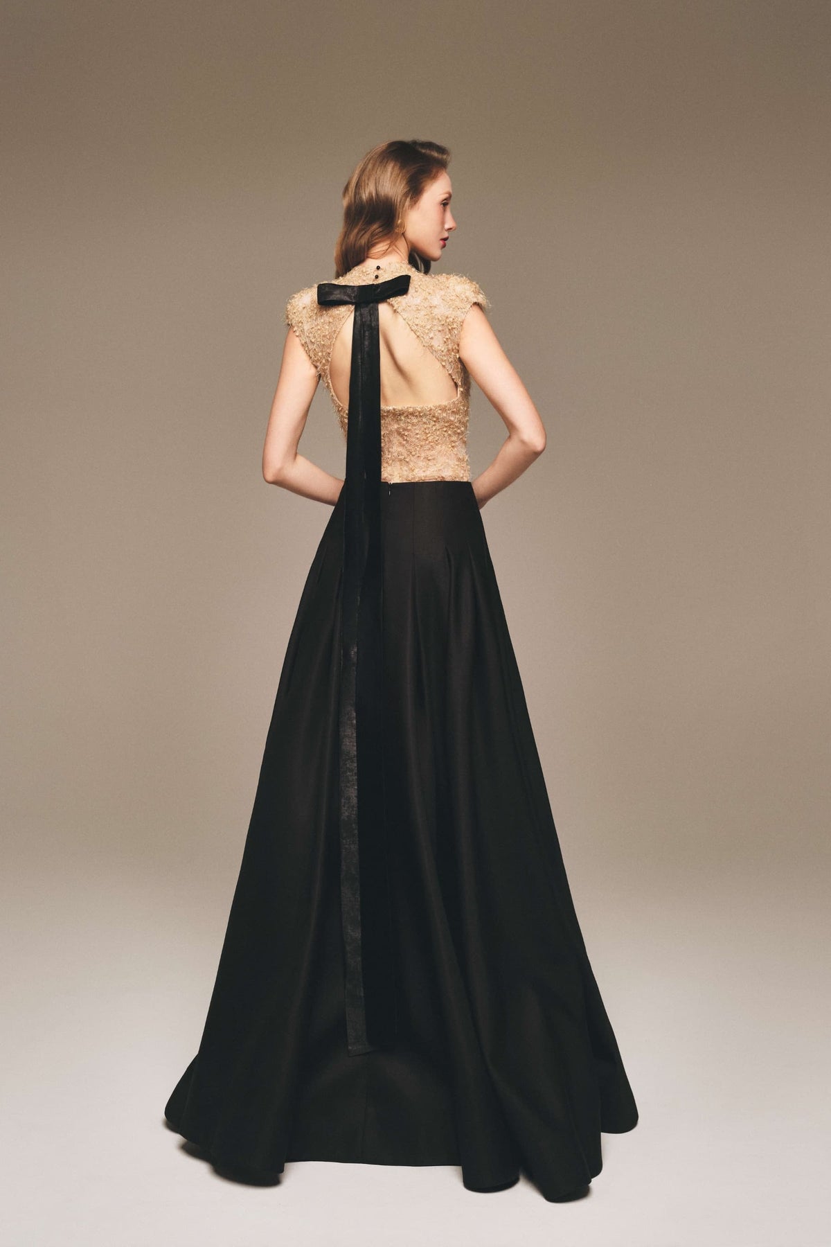 Lace Top Taffeta Bow Maxi Dress