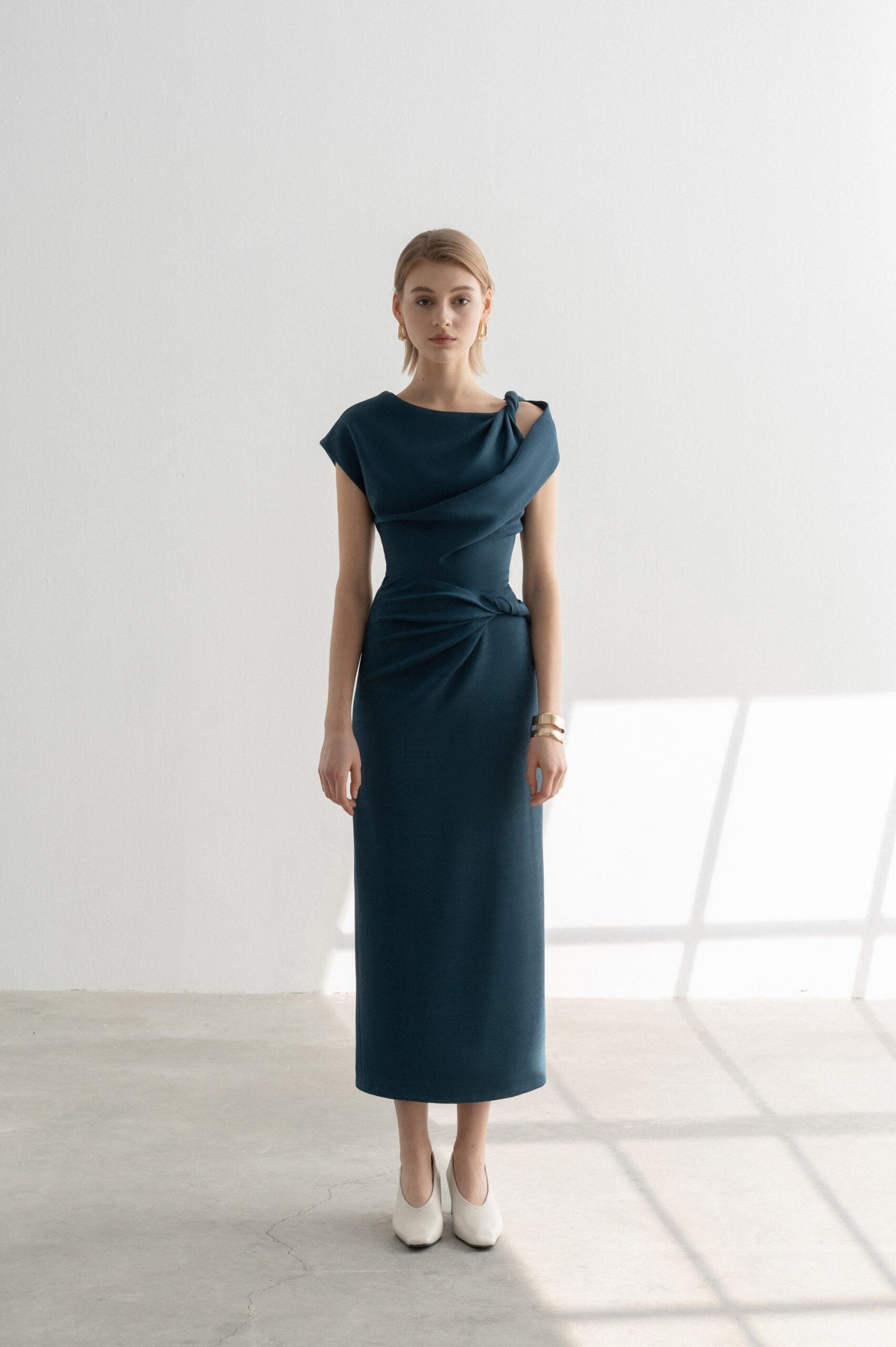 Keva Draped Pencil Dress - Deep Teal Asymmetric Shoulder 3XL - US14 / Deep Teal