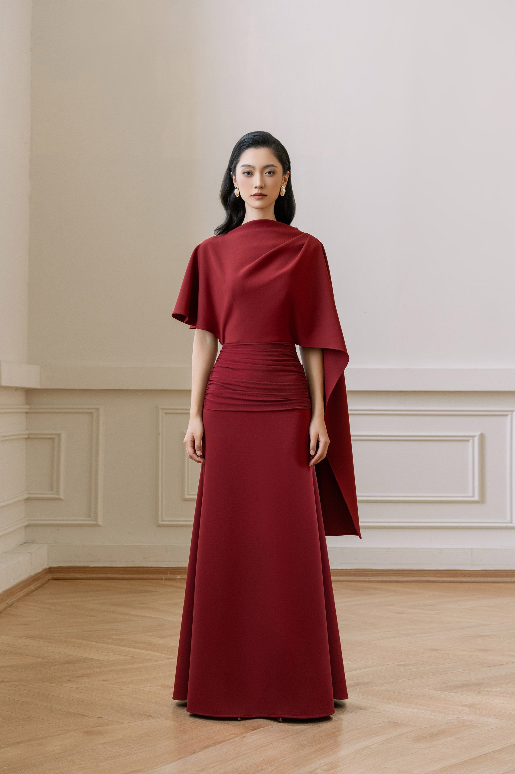 maroon mermaid dress Fertile Flair Mermaid Dress - Maroon Draped Gown with Cape Sleeves XS