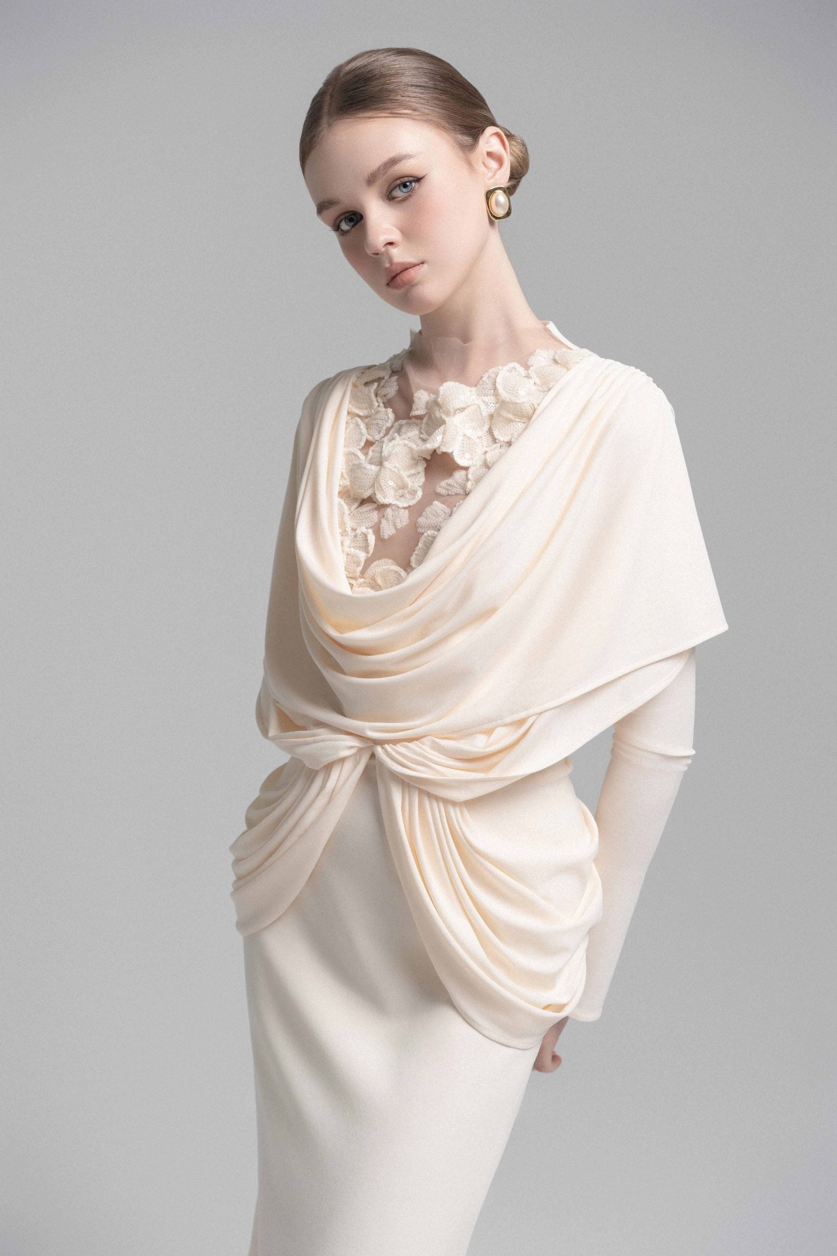 Mystique Hooded Lace Evening Gown VL1015