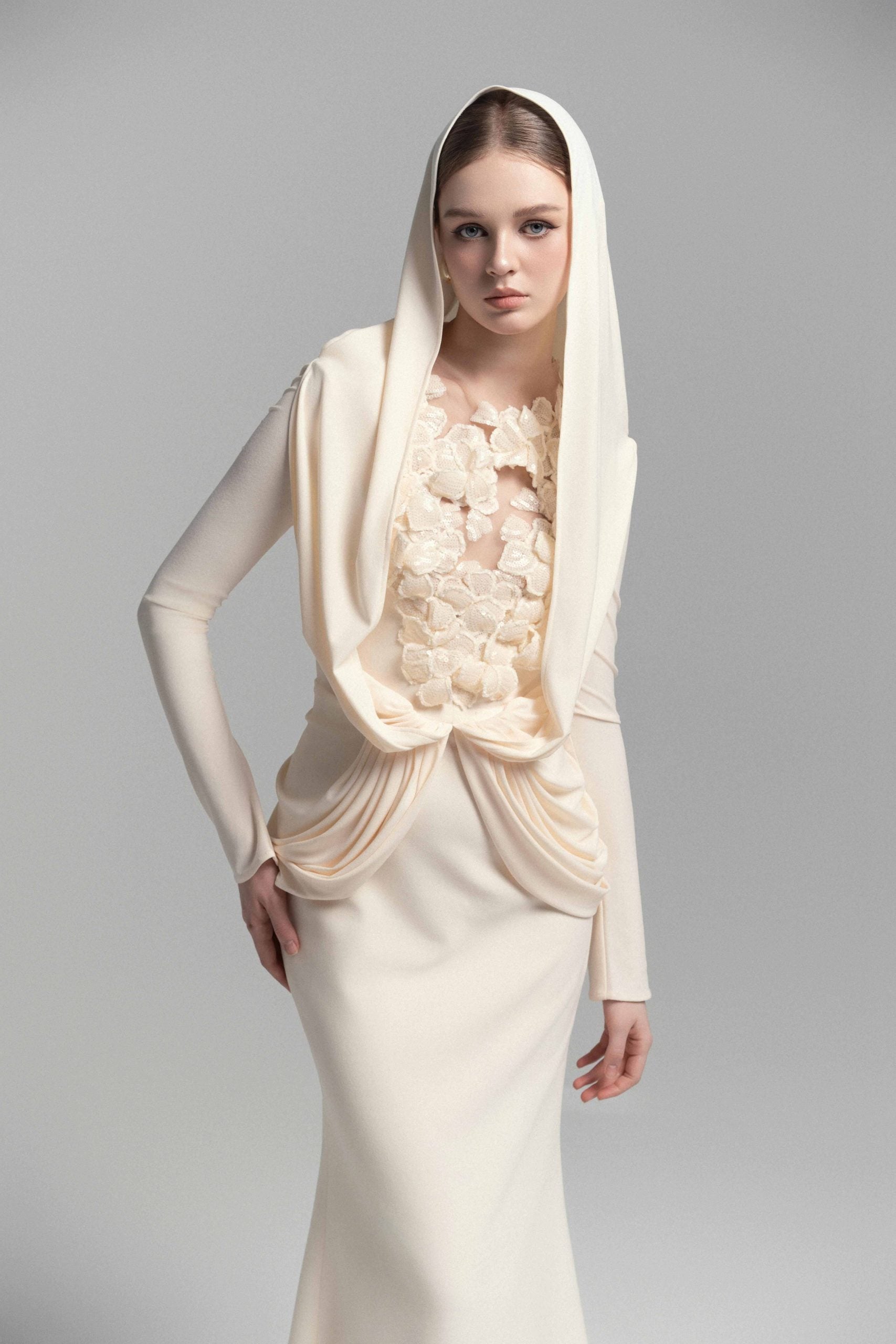 Mystique Hooded Lace Evening Gown VL1015