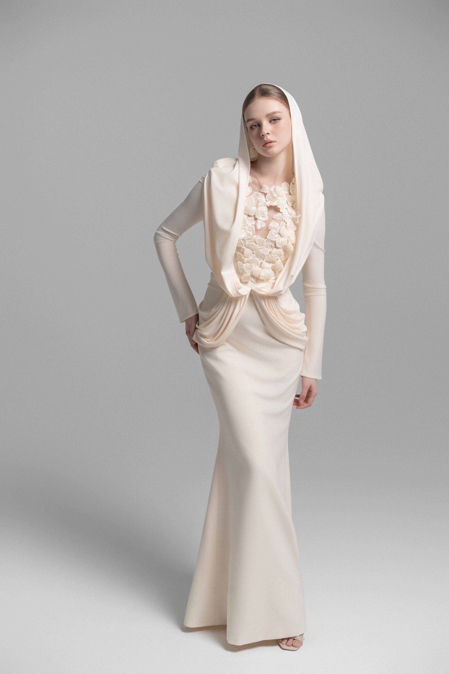 Mystique Hooded Lace Evening Gown VL1015