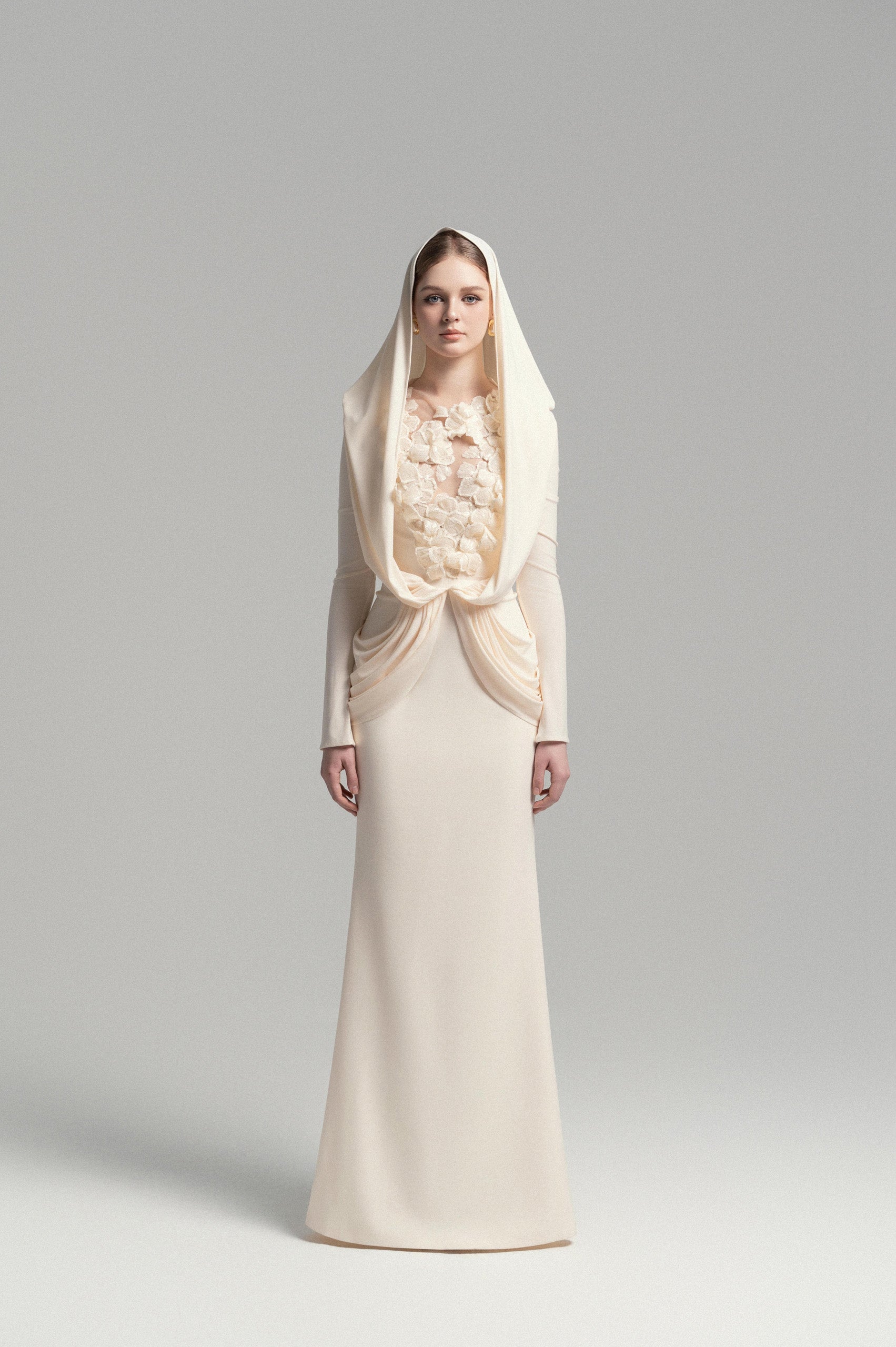 Mystique Hooded Lace Evening Gown VL1015