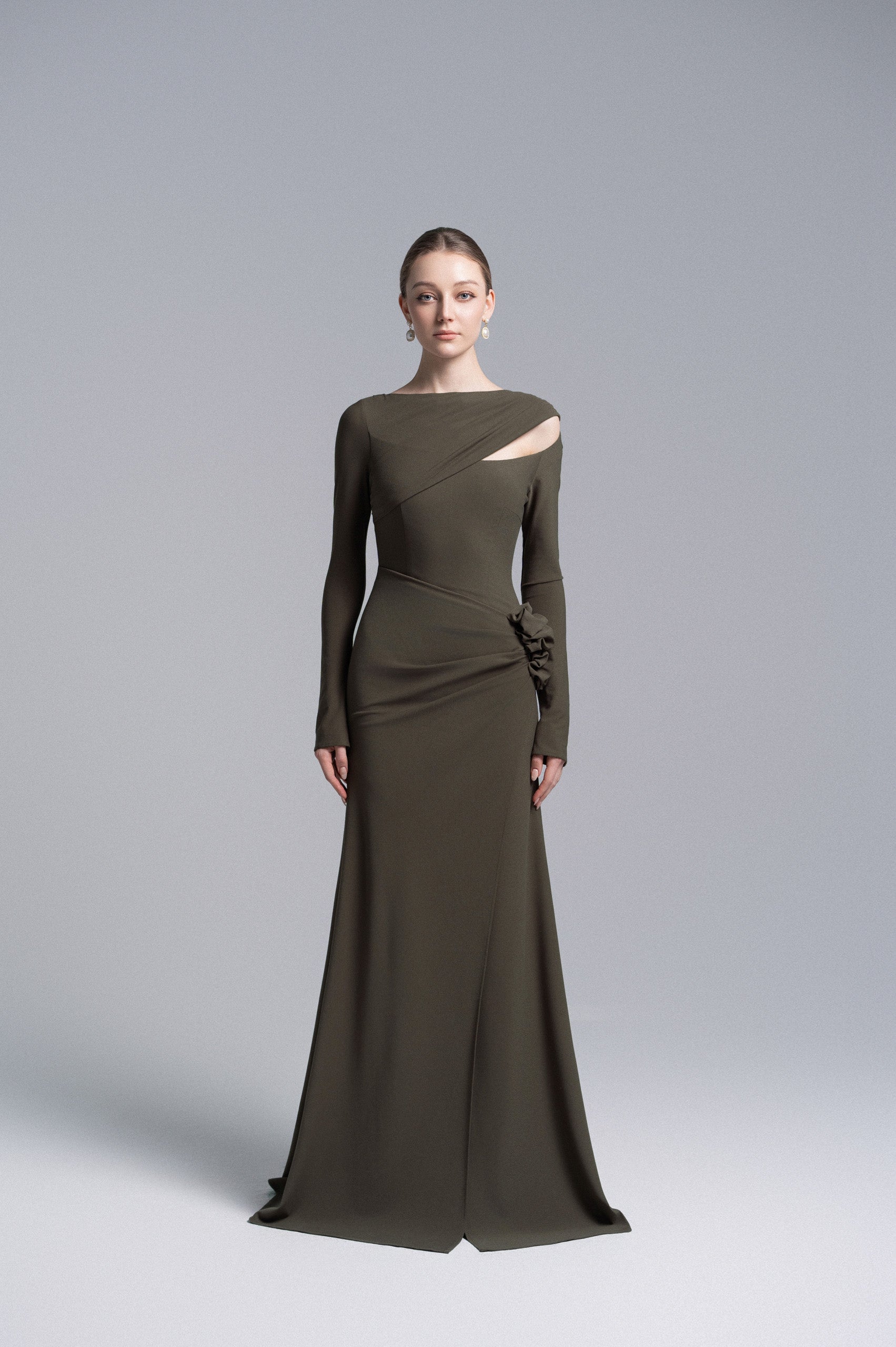 Pewter 3D Floral Mermaid Dress VL1016 | Pewter Gown