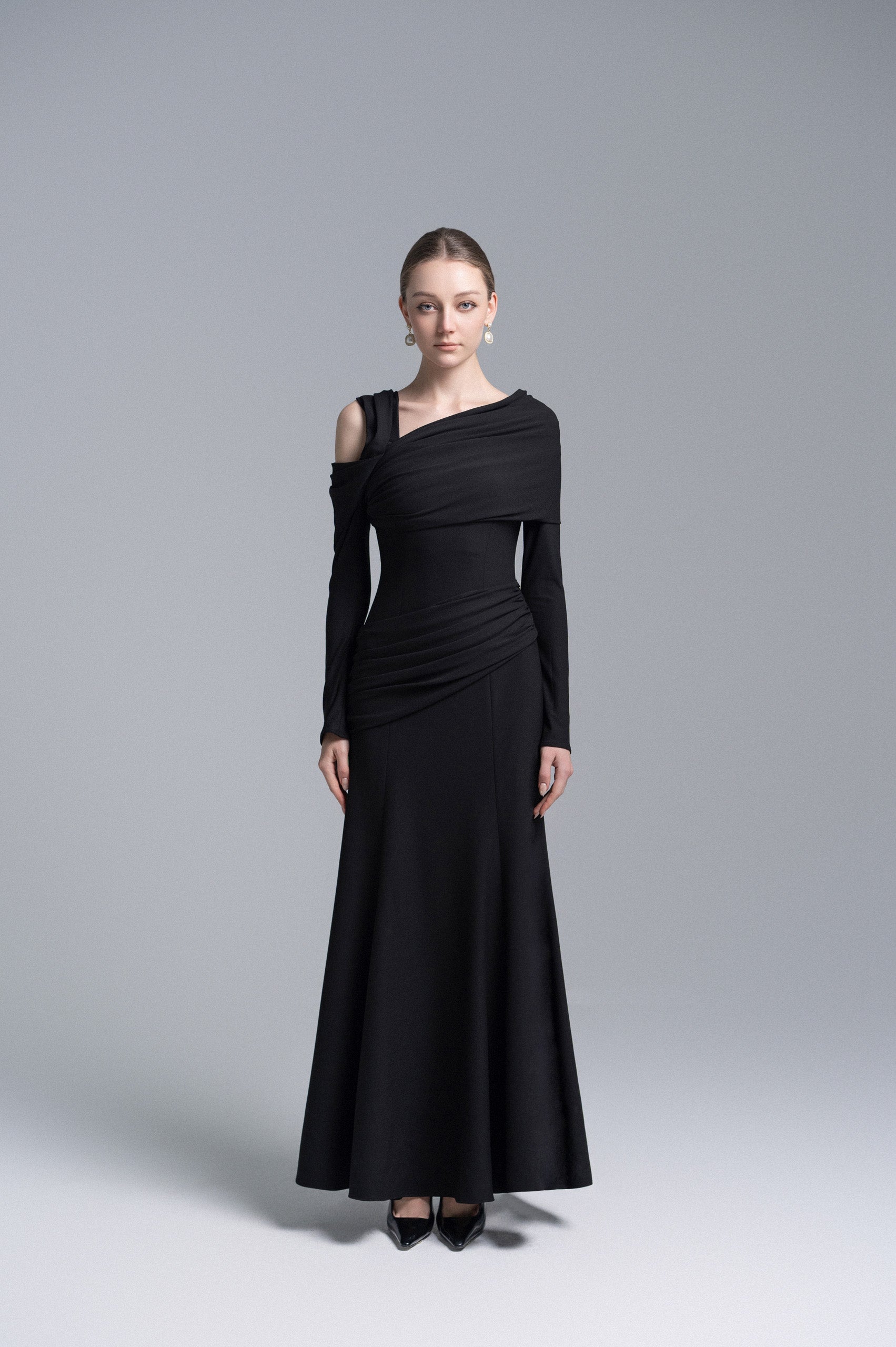 Black Twisted Shoulder Midi Dress | Black Mermaid Gown Black Twisted Shoulder Midi Dress | Black Mermaid Gown