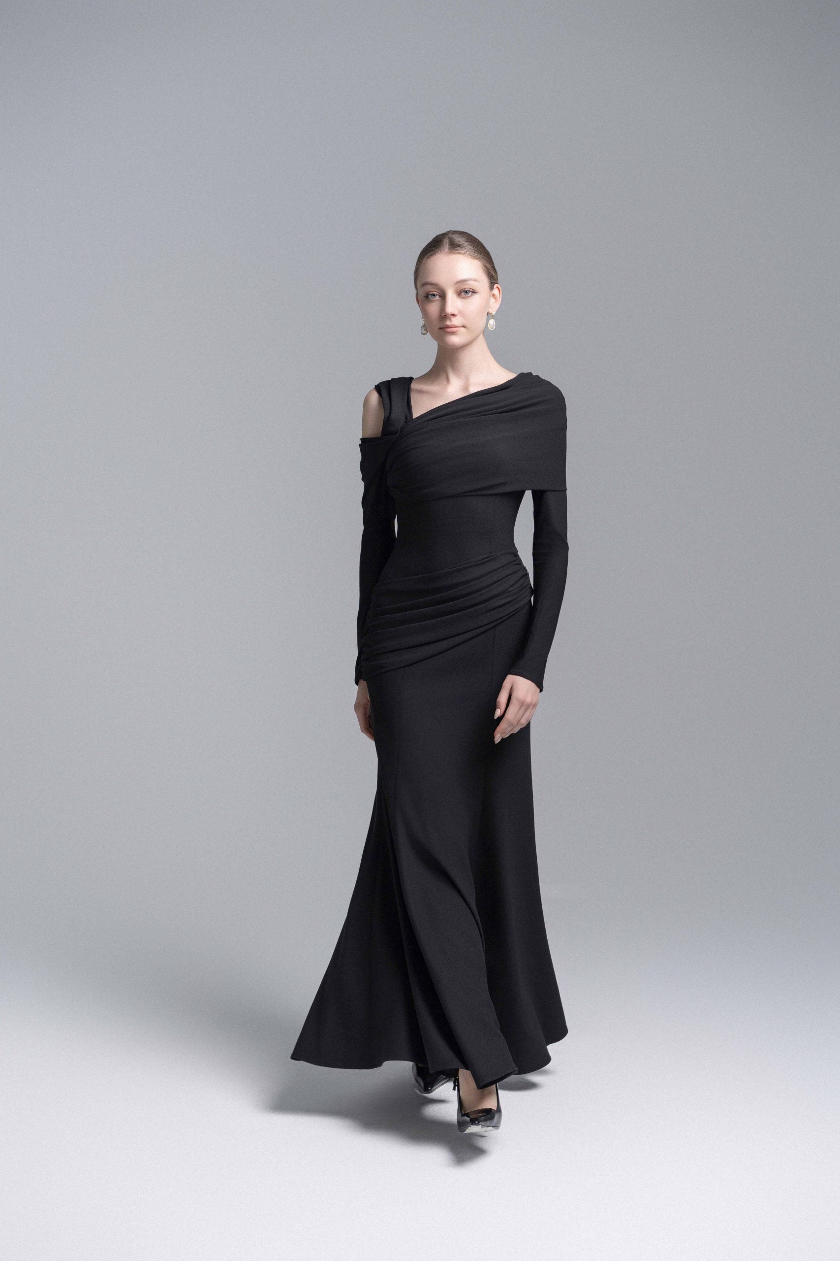 Black Twisted Shoulder Midi Dress