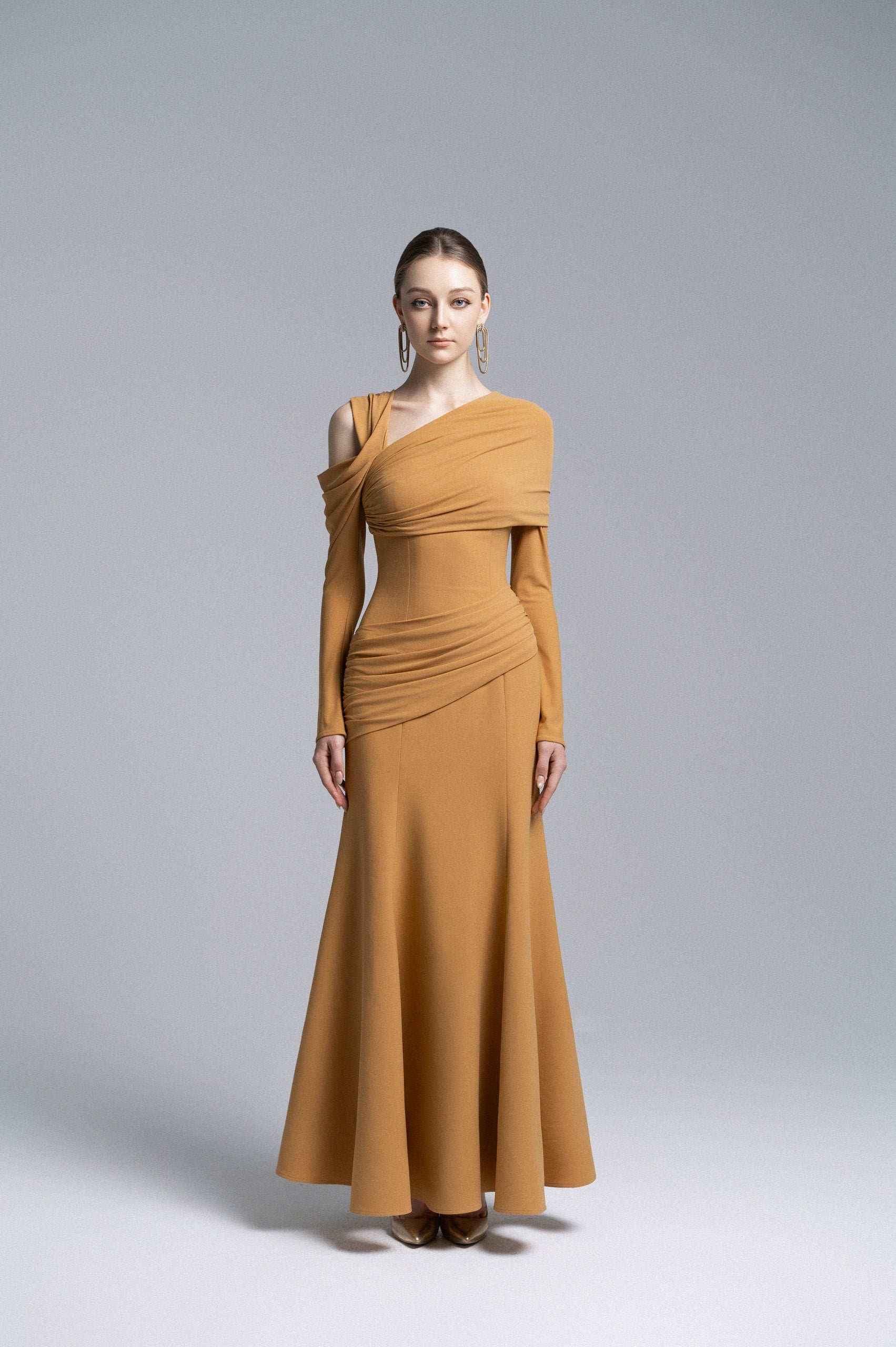 Marigold Twisted Shoulder Midi Dress VL1014