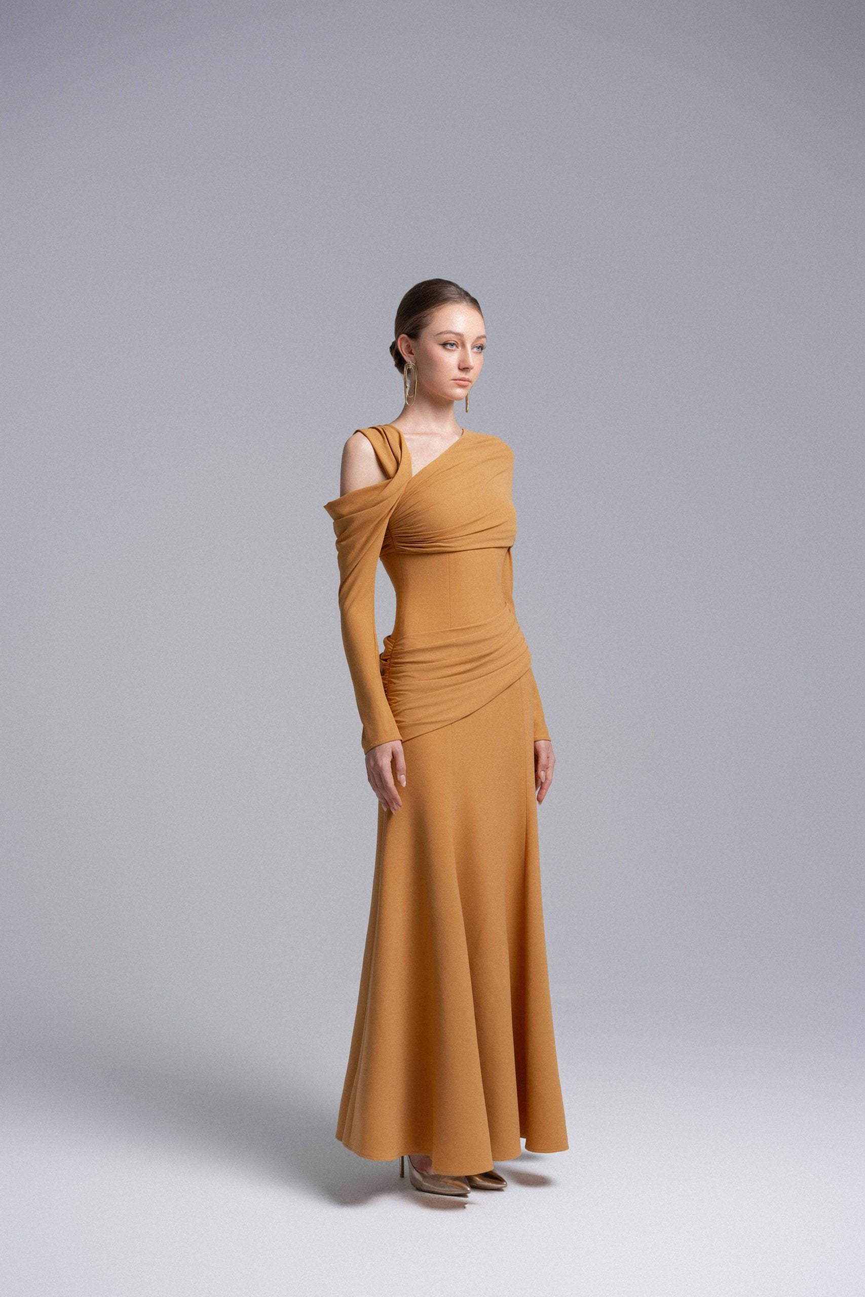 Marigold Twisted Shoulder Midi Dress VL1014