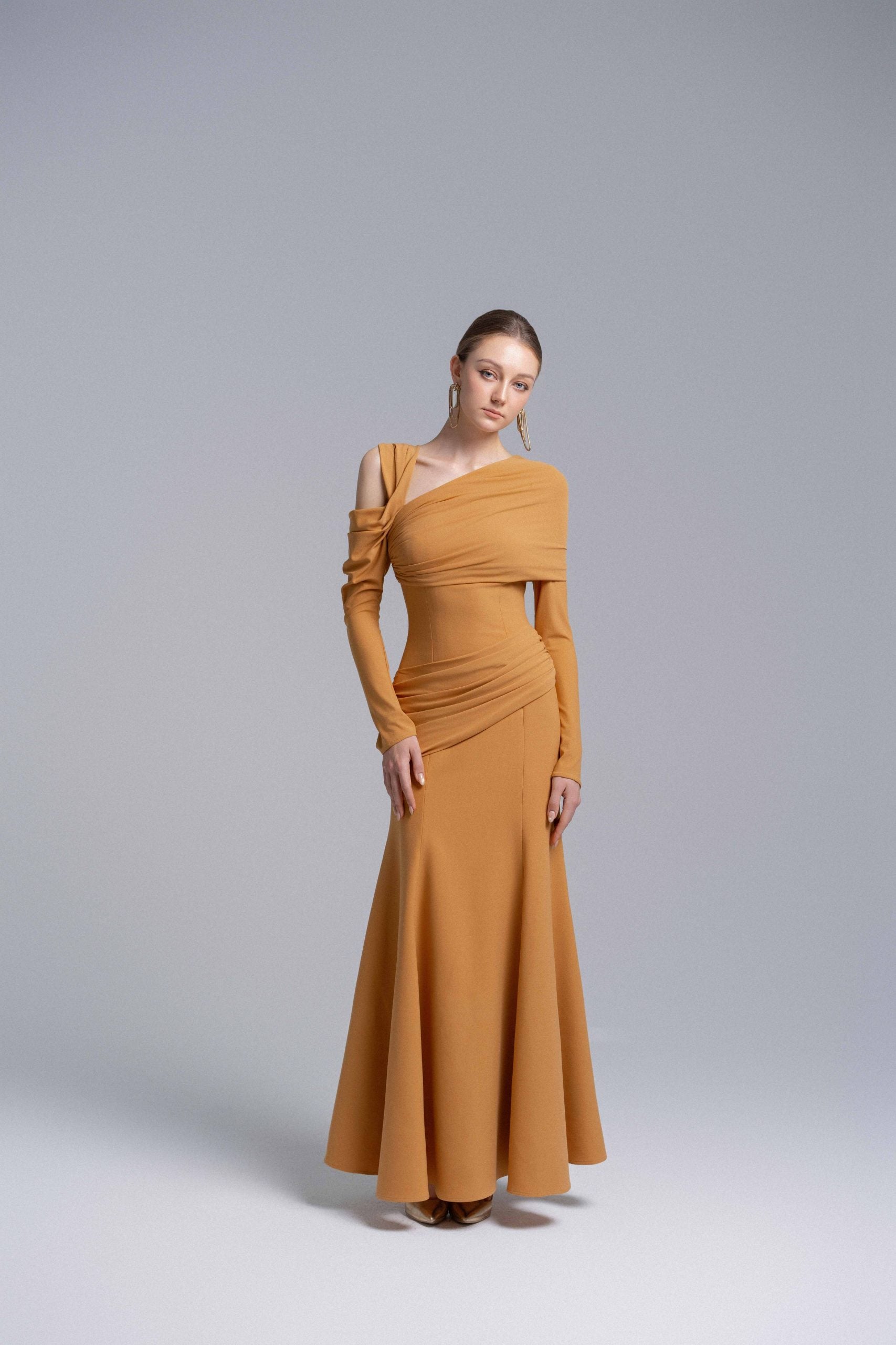 Marigold Twisted Shoulder Midi Dress VL1014