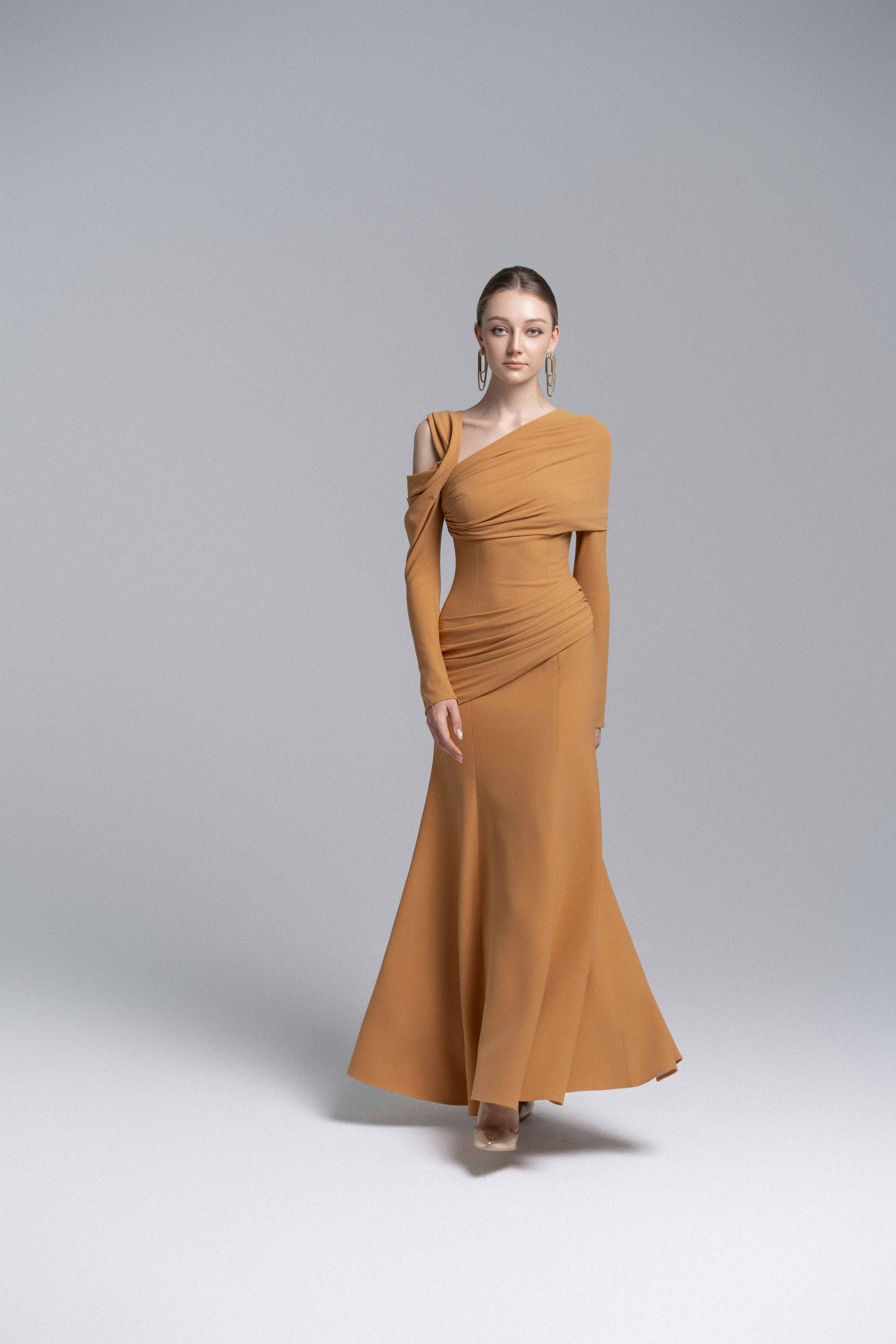 Marigold Twisted Shoulder Midi Dress VL1014