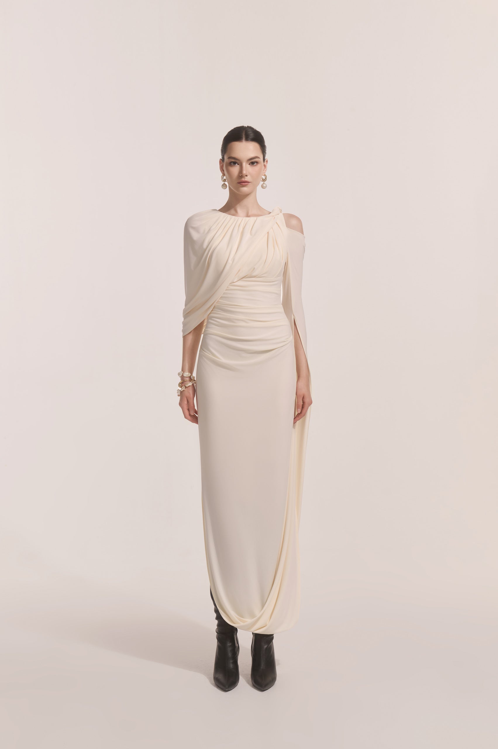Orion Draped Shoulder Dress in Cream VL1020