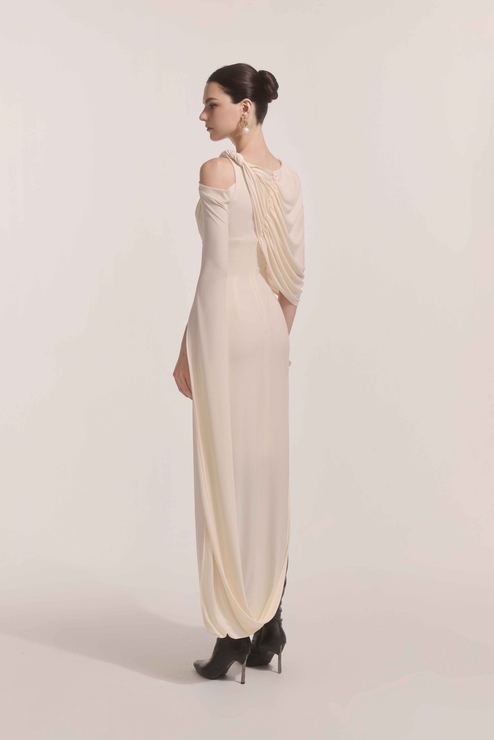 Orion Draped Shoulder Dress in Cream VL1020
