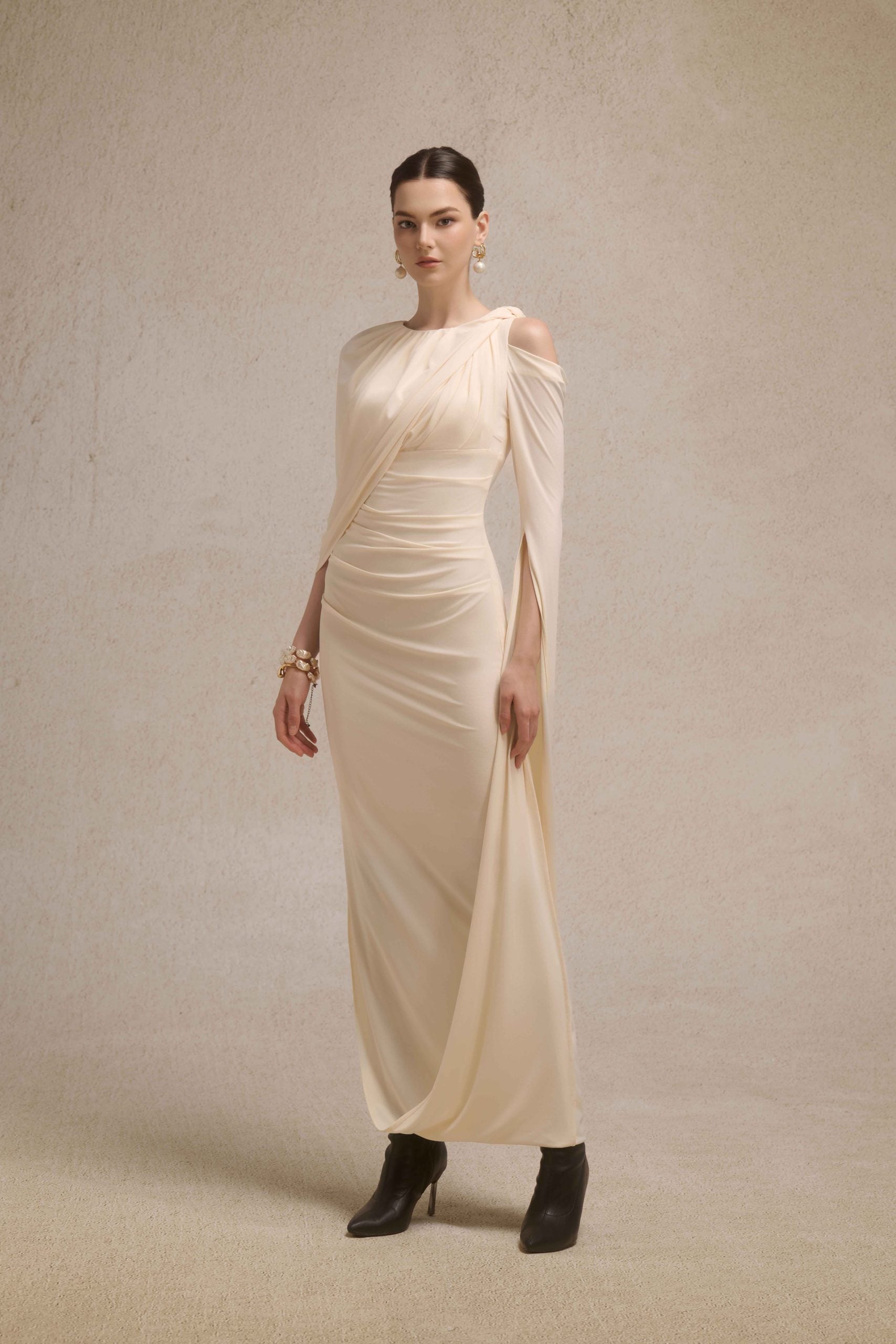 Orion Draped Shoulder Dress in Cream VL1020