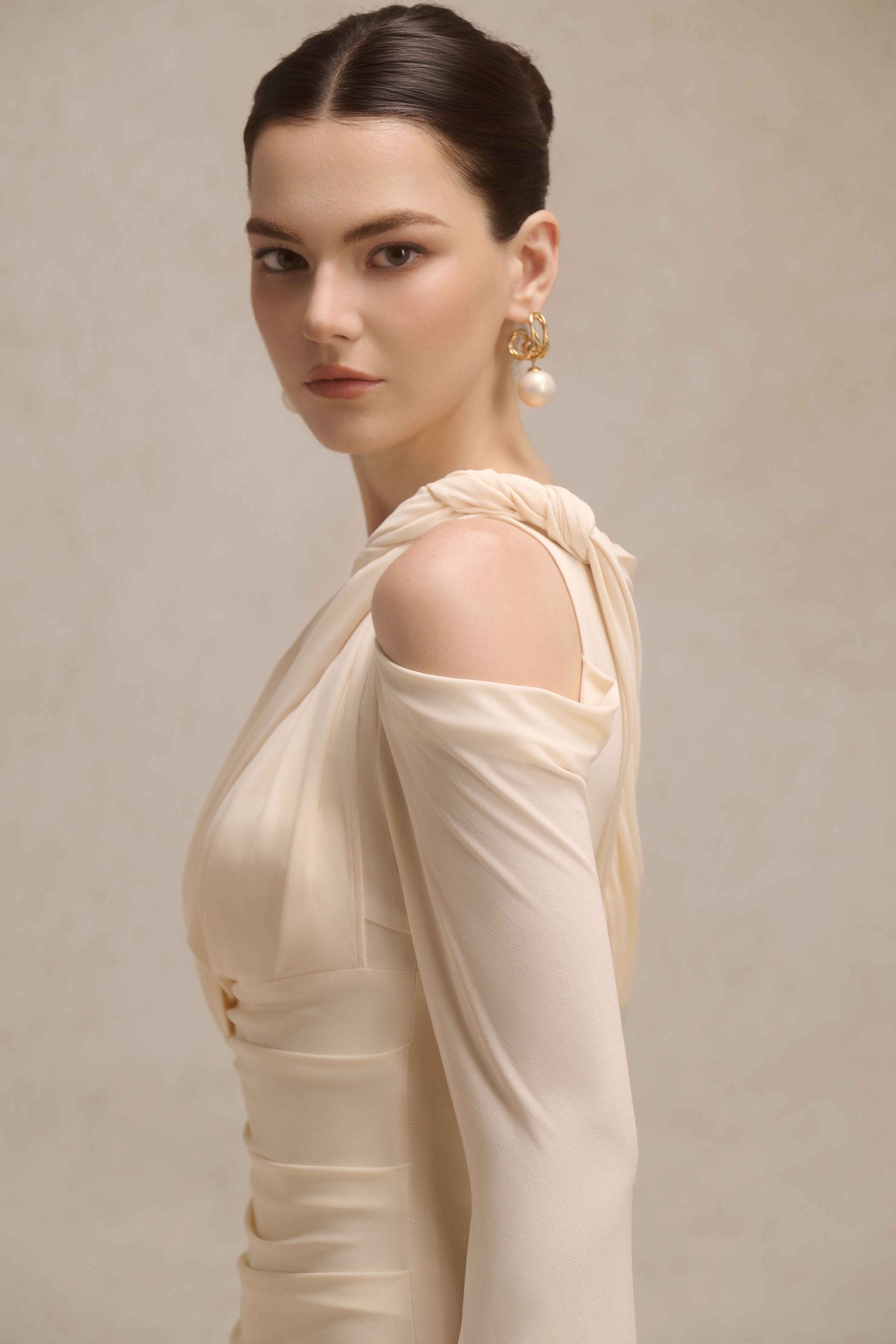 Orion Draped Shoulder Dress in Cream VL1020