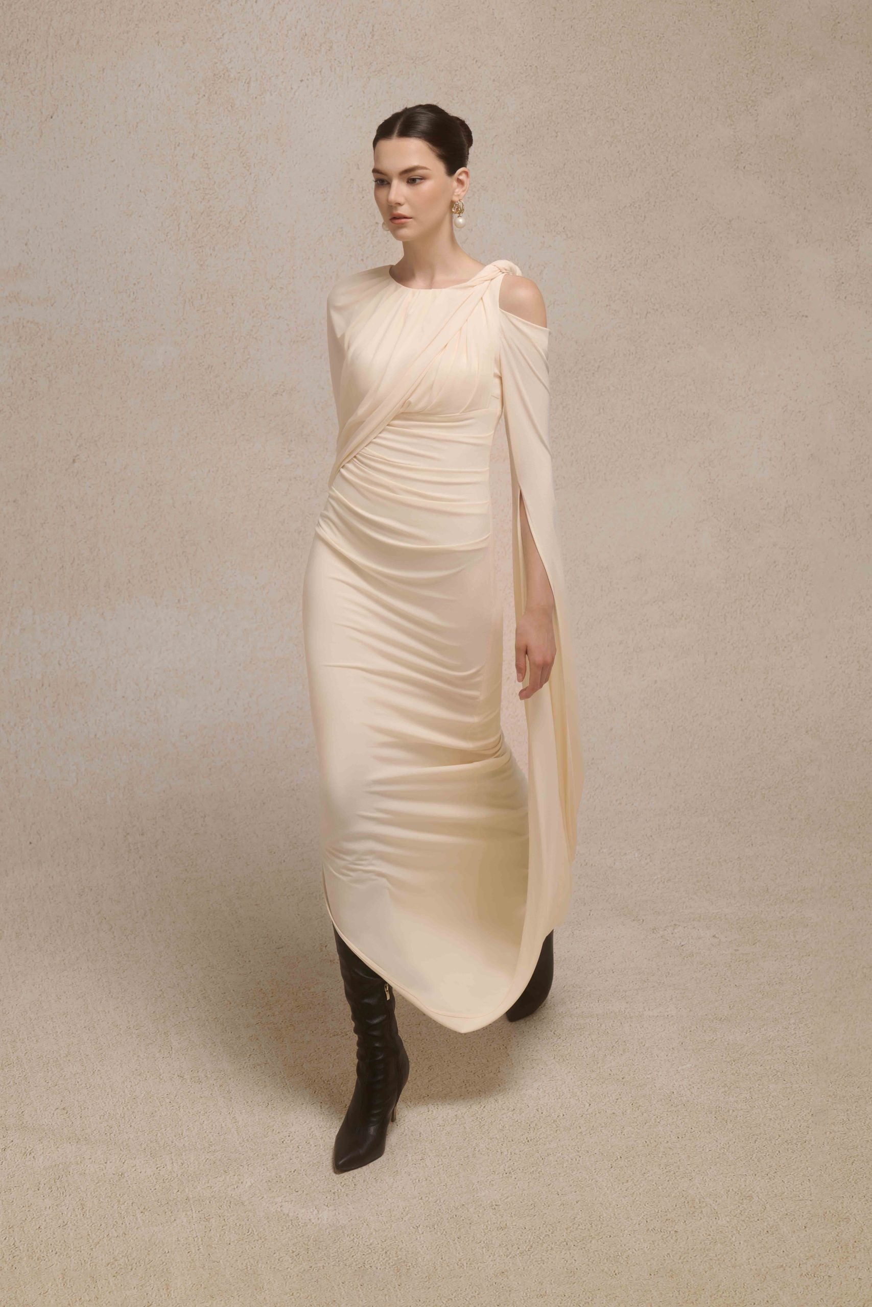 Orion Draped Shoulder Dress in Cream VL1020