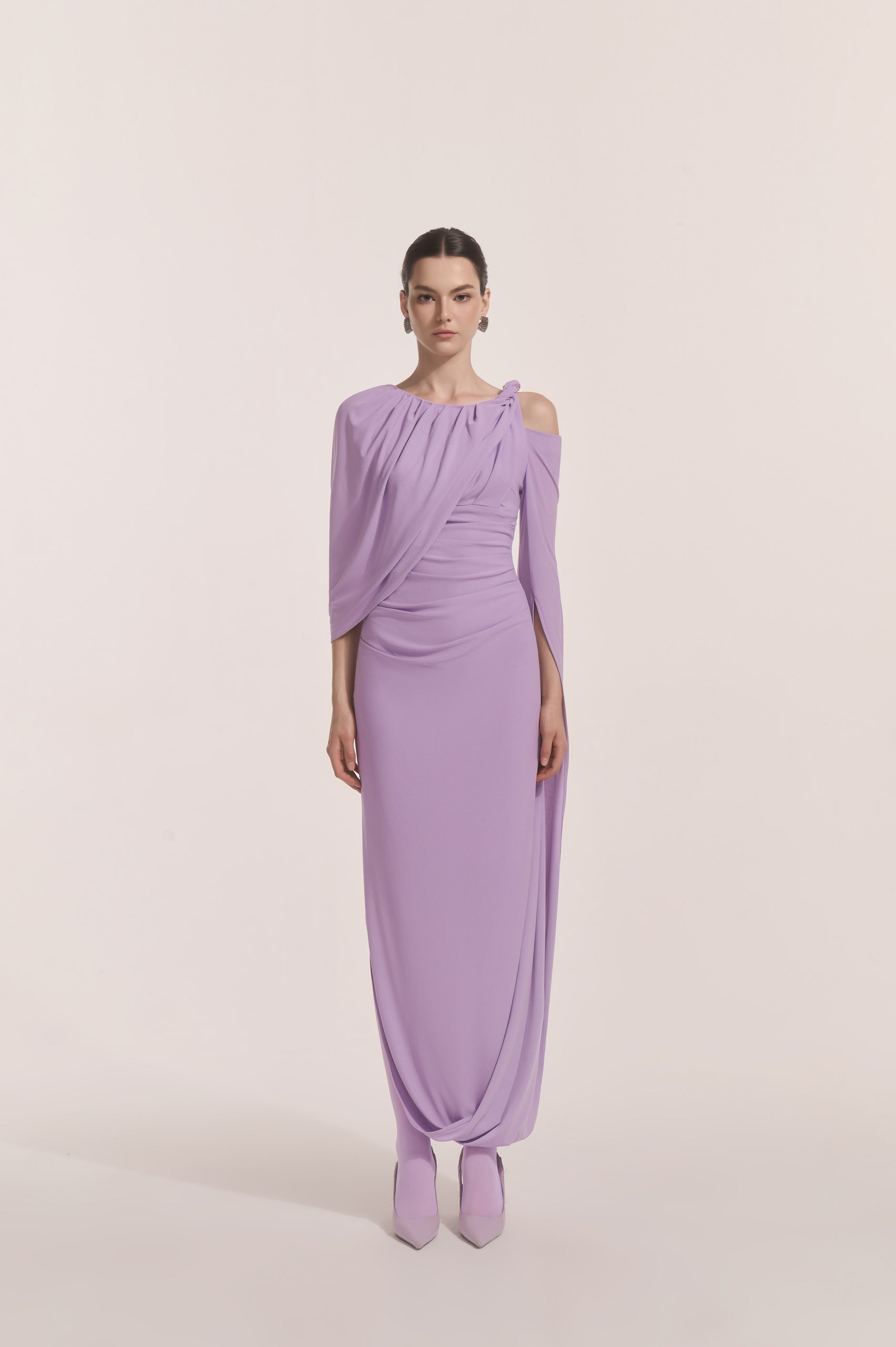 Orion Draped Shoulder Dress in Lilac