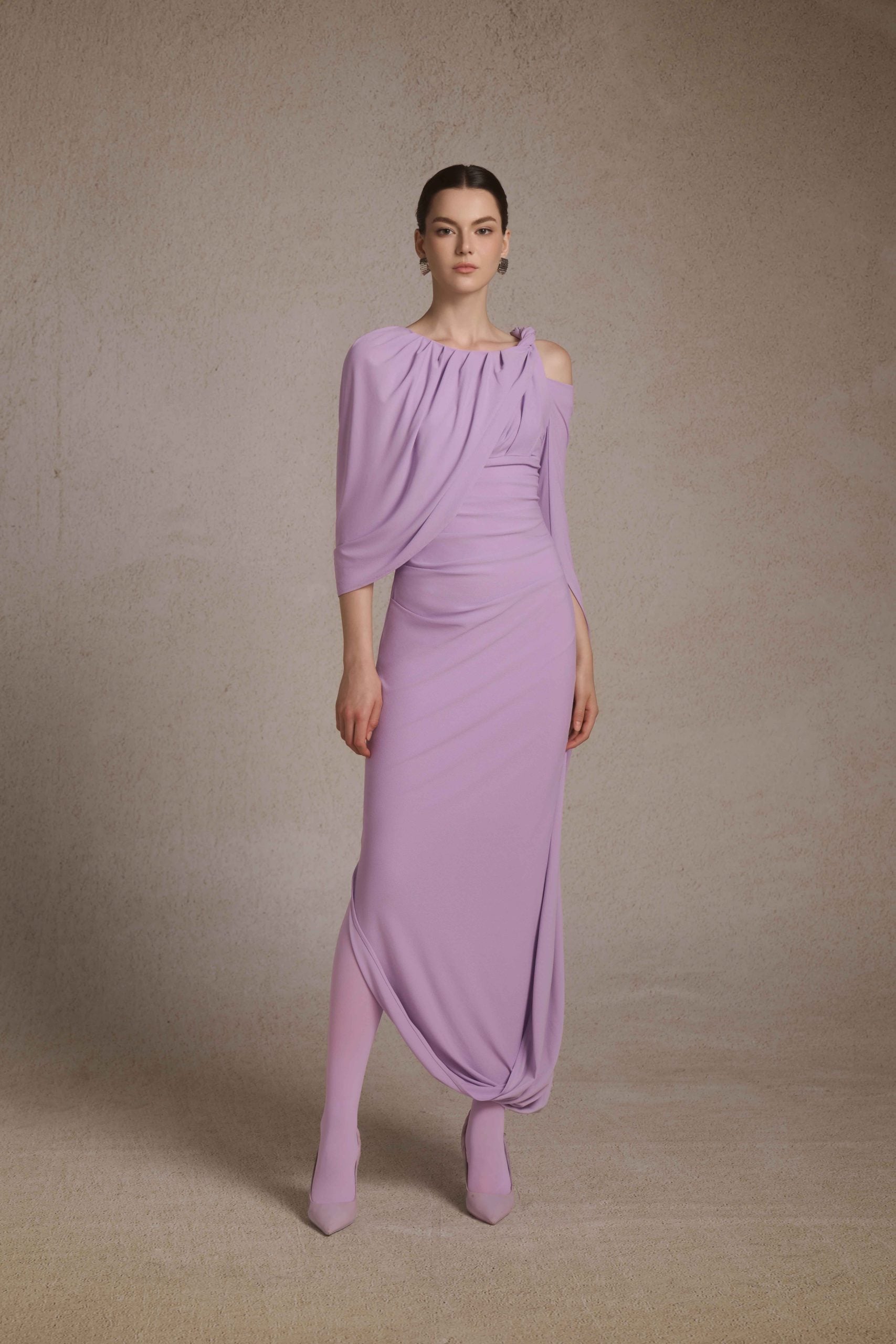 Orion Draped Shoulder Dress in Lilac