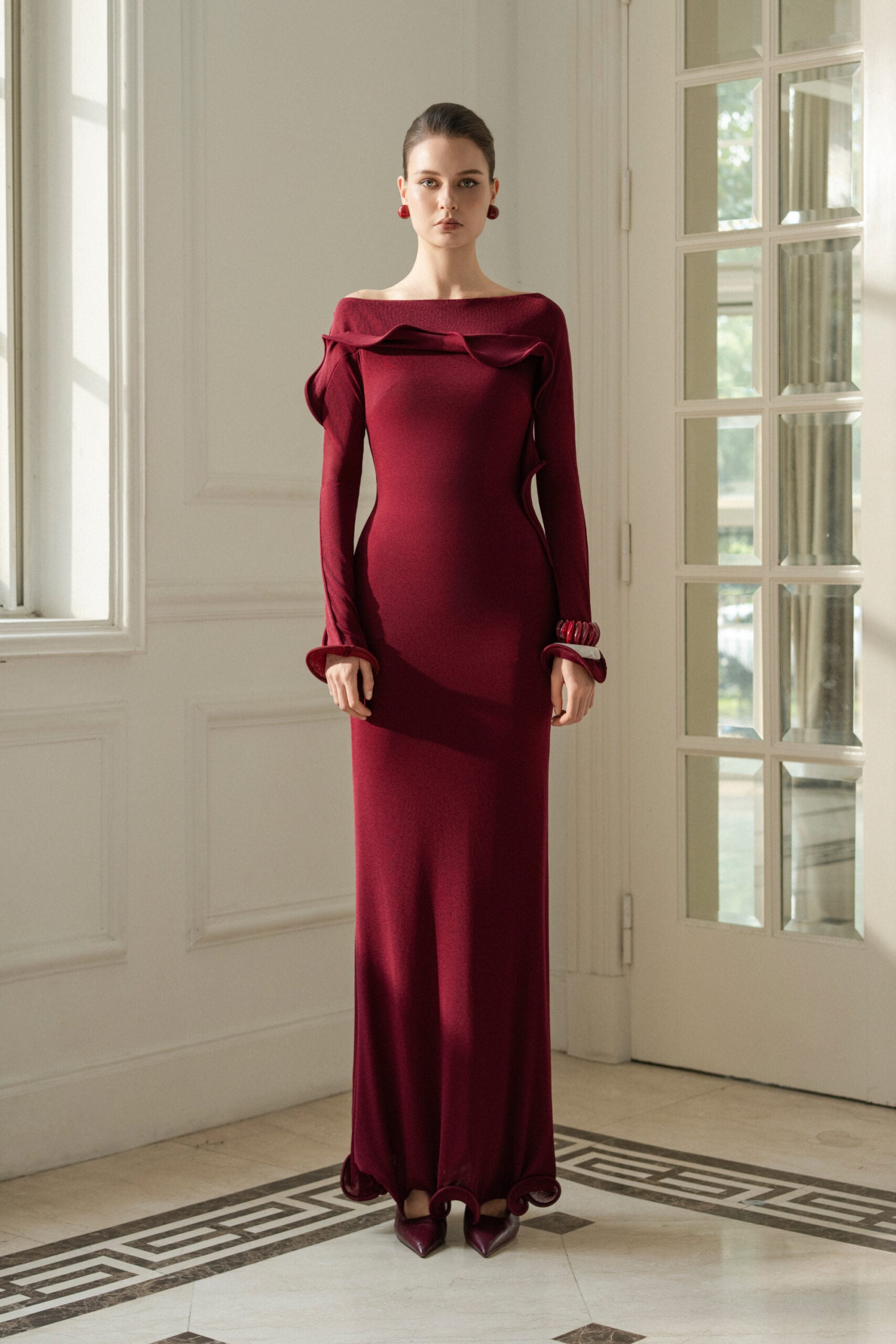 Cascade Ruffle Midi Dress in Red