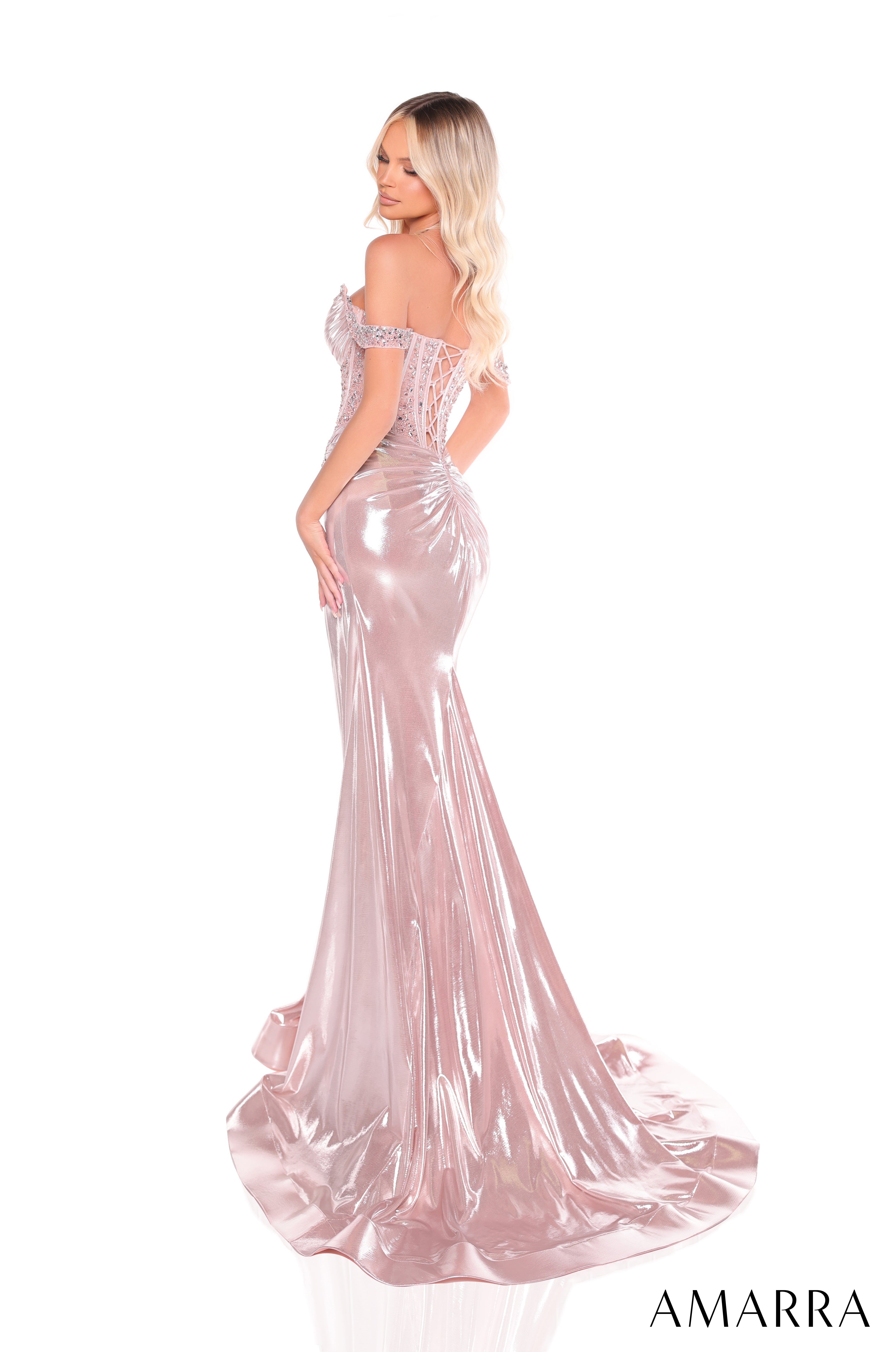 AMARRA 88254 – Off-Shoulder Sweetheart Beaded Corset Metallic Fitted Evening Gown