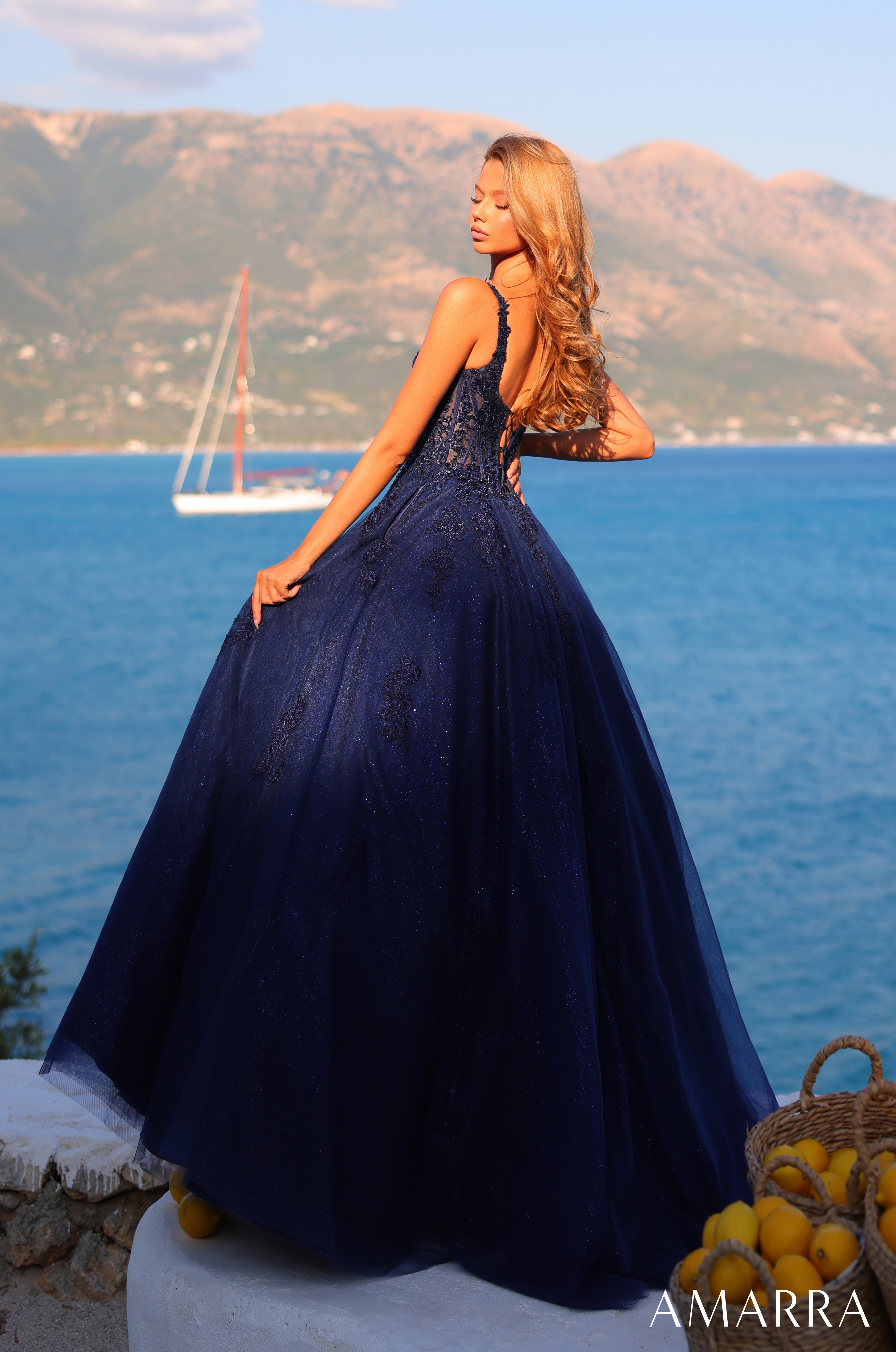 AMARRA 89429 – Satin Spaghetti Strap Draped Cowl Neck Open Back Fitted Floor-Length Evening Gown