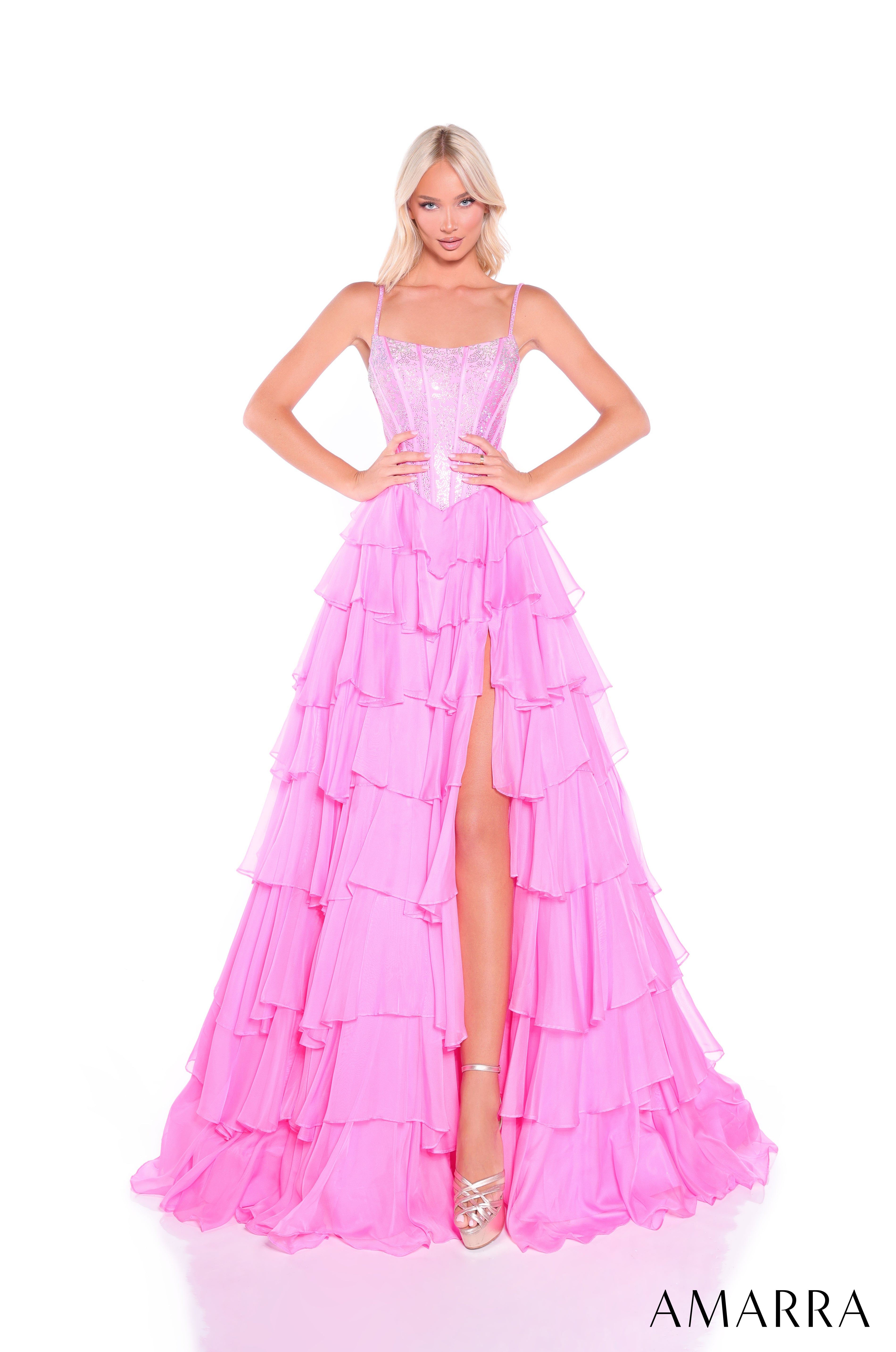 AMARRA 89459 – Spaghetti Strap Straight Neckline Structured Corset Bodice Tiered Ruffle Tulle & Lace Floor-Length Ball Gown with High Slit & Corset Back