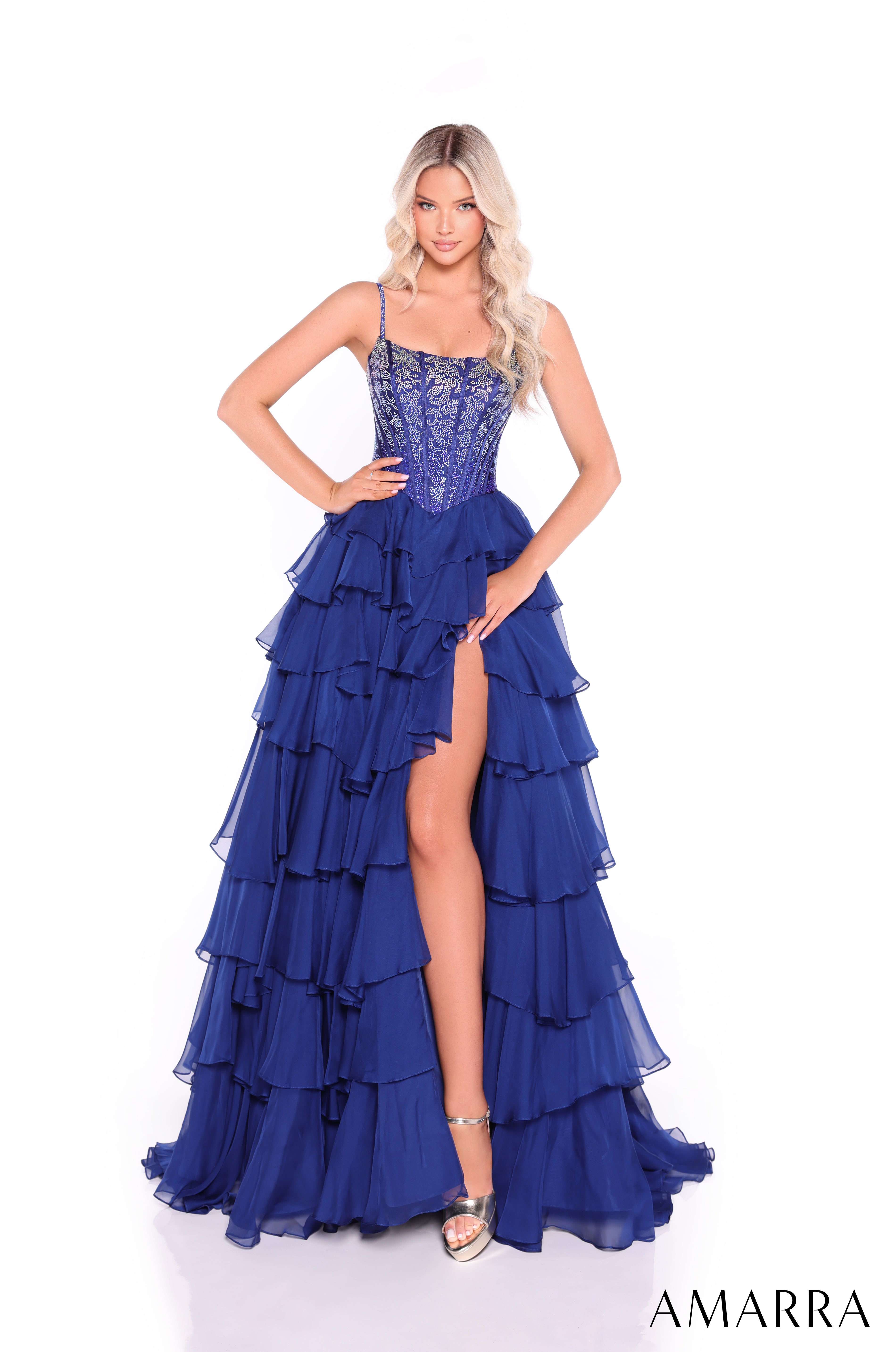 AMARRA 89459 – Spaghetti Strap Straight Neckline Structured Corset Bodice Tiered Ruffle Tulle & Lace Floor-Length Ball Gown with High Slit & Corset Back