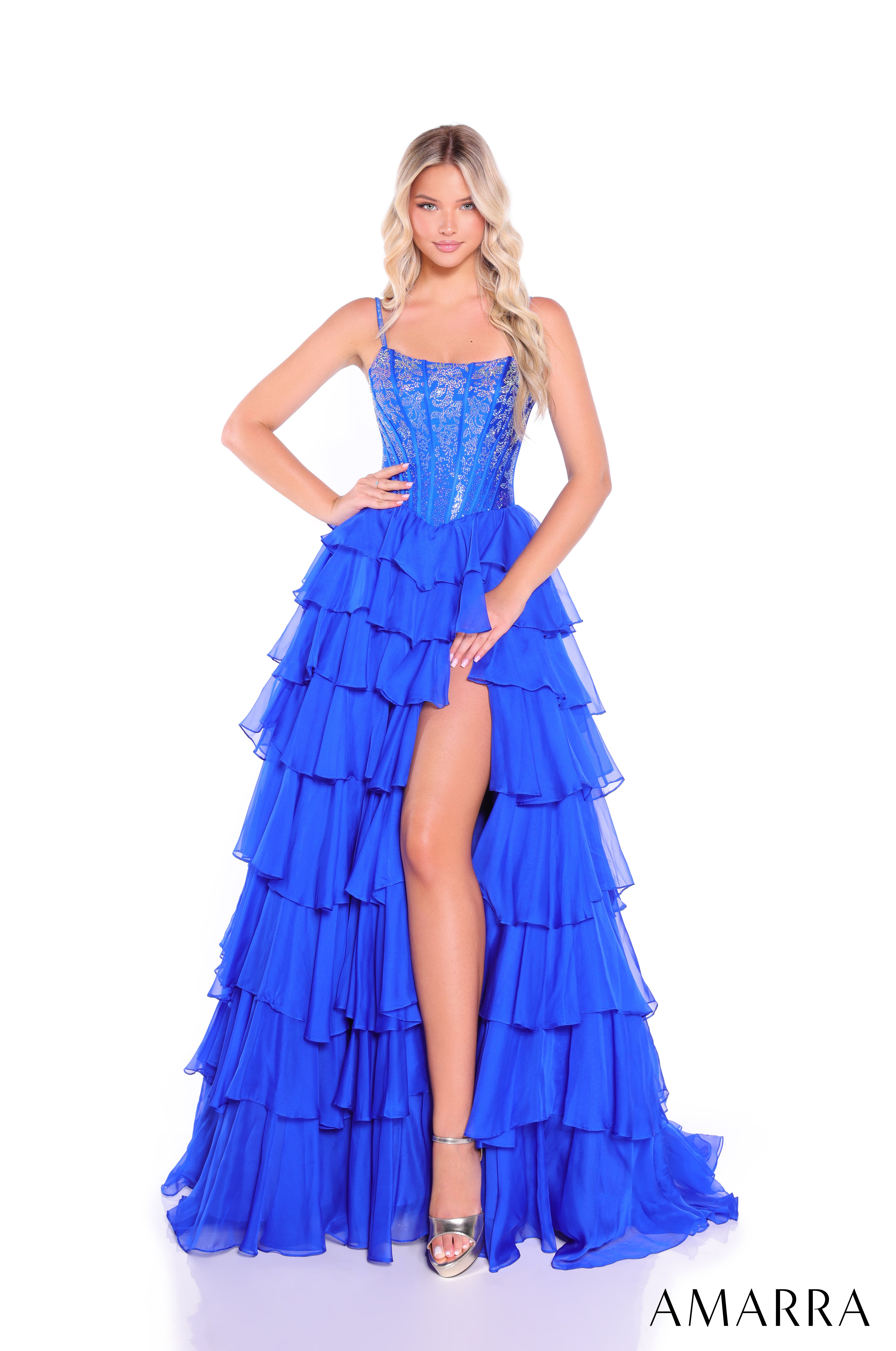 AMARRA 89459 – Spaghetti Strap Straight Neckline Structured Corset Bodice Tiered Ruffle Tulle & Lace Floor-Length Ball Gown with High Slit & Corset Back