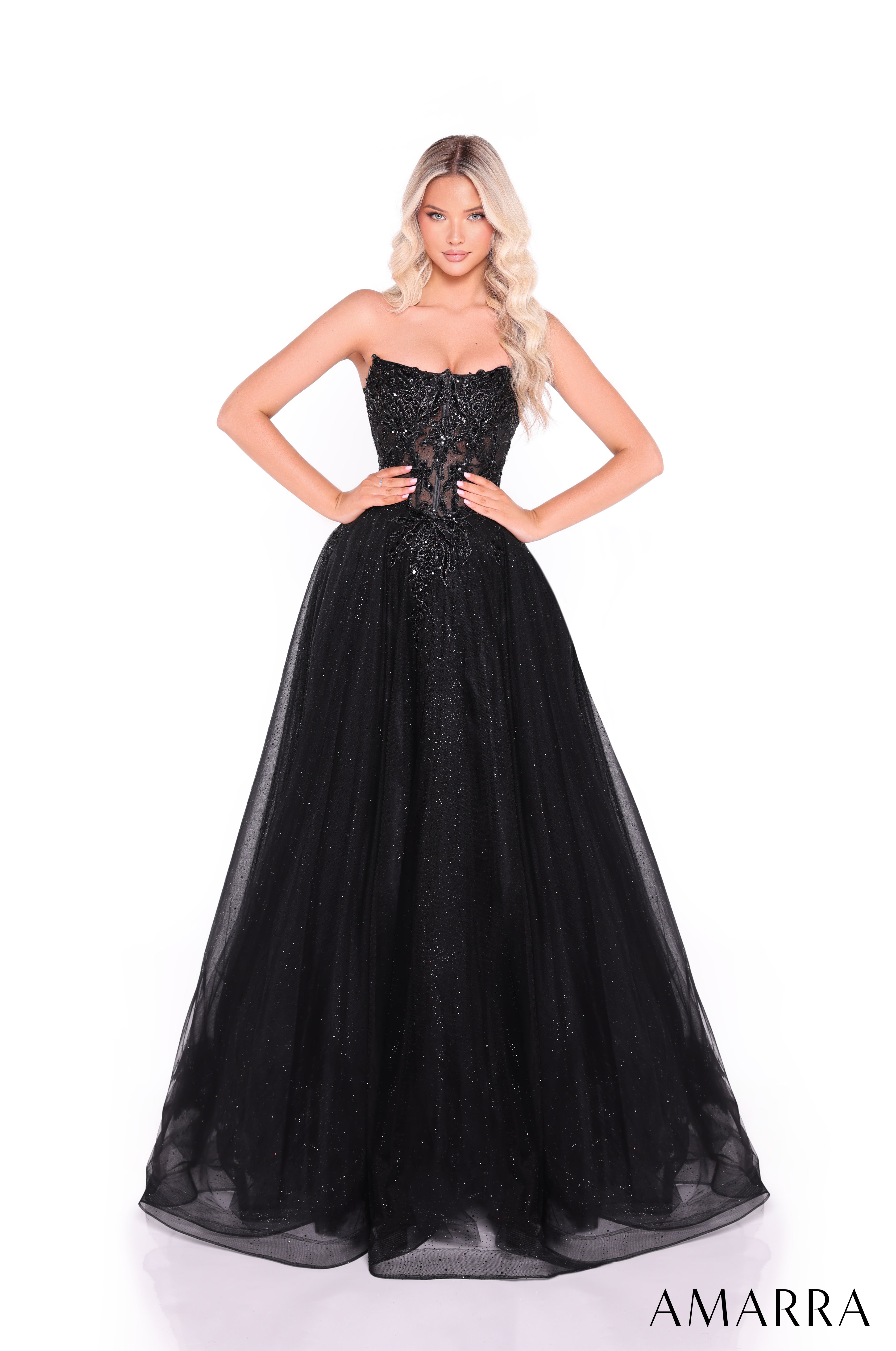 AMARRA 89486 – Strapless Sweetheart Lace Appliqué Corset Back Full Tulle Ball Gown