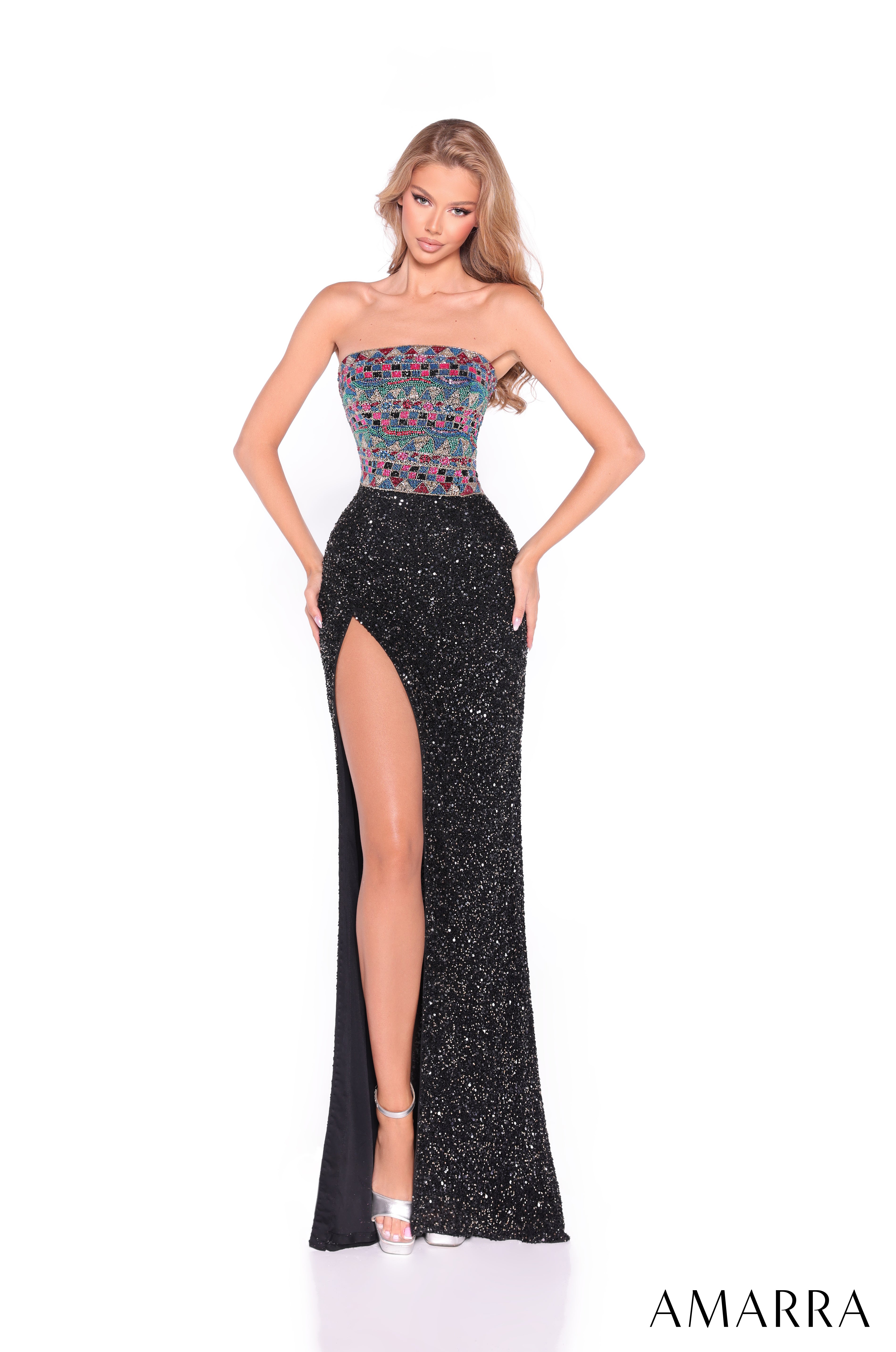 AMARRA Style 89073 Strapless Multicolor Beaded Evening Gown with Fitted Skirt & High Slit