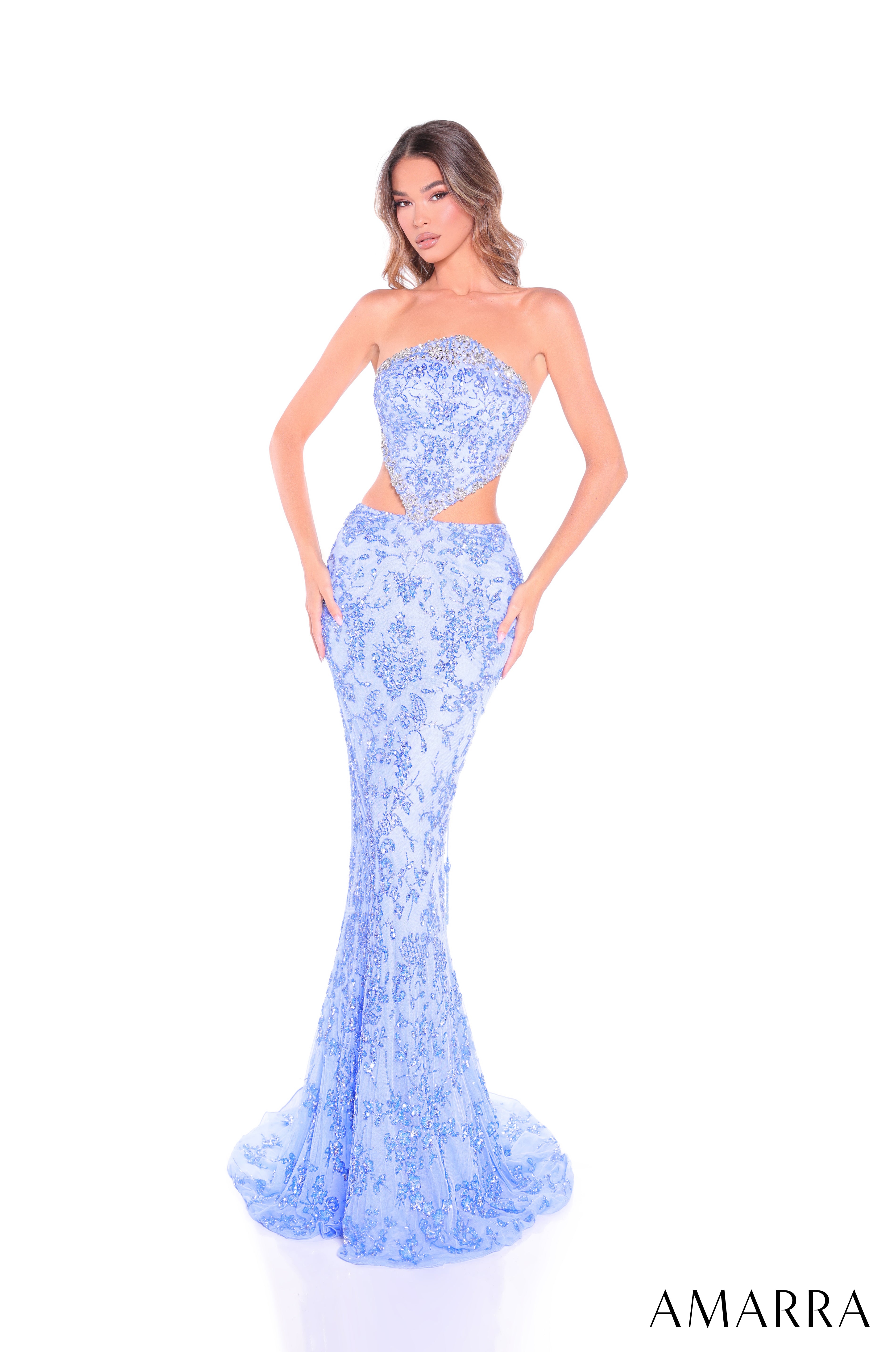 AMARRA Style 89095 One-Shoulder Fully Sequined Fitted Evening Gown with Open Back