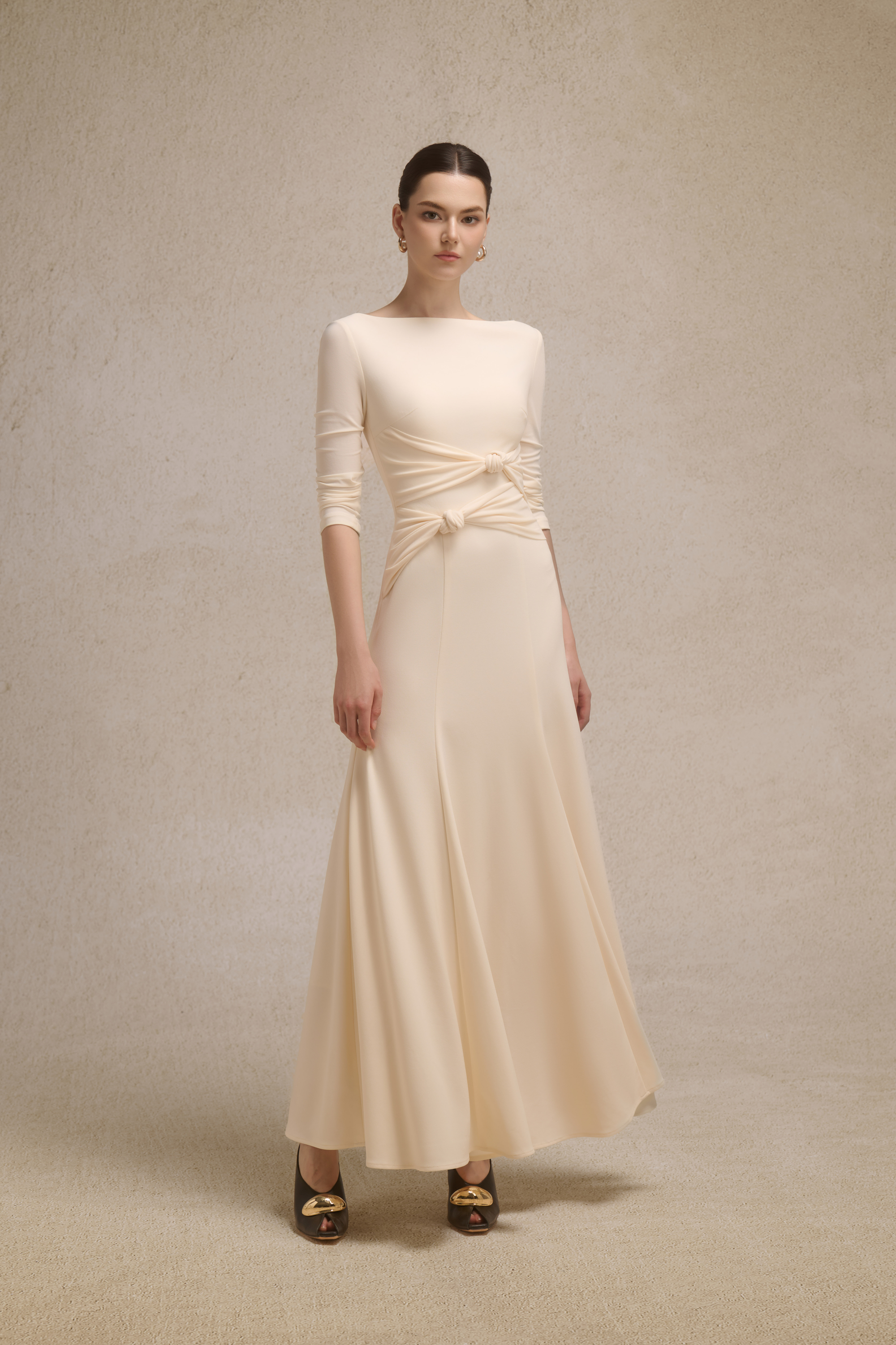 Alba Asymmetric Knot Dress in Cream