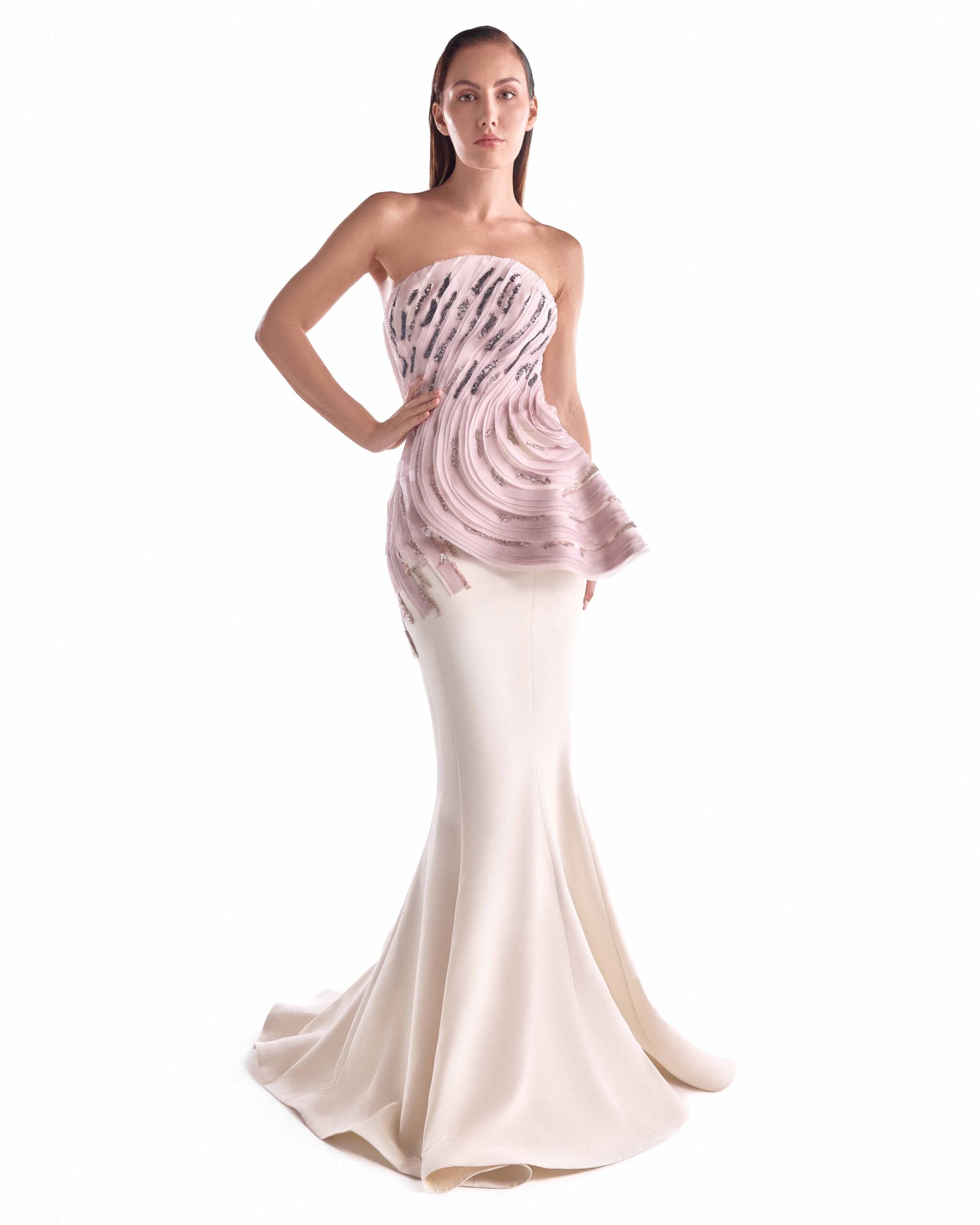 An Off-White Mermaid Silhouette Traced with Blush Embroidered Waves G2123